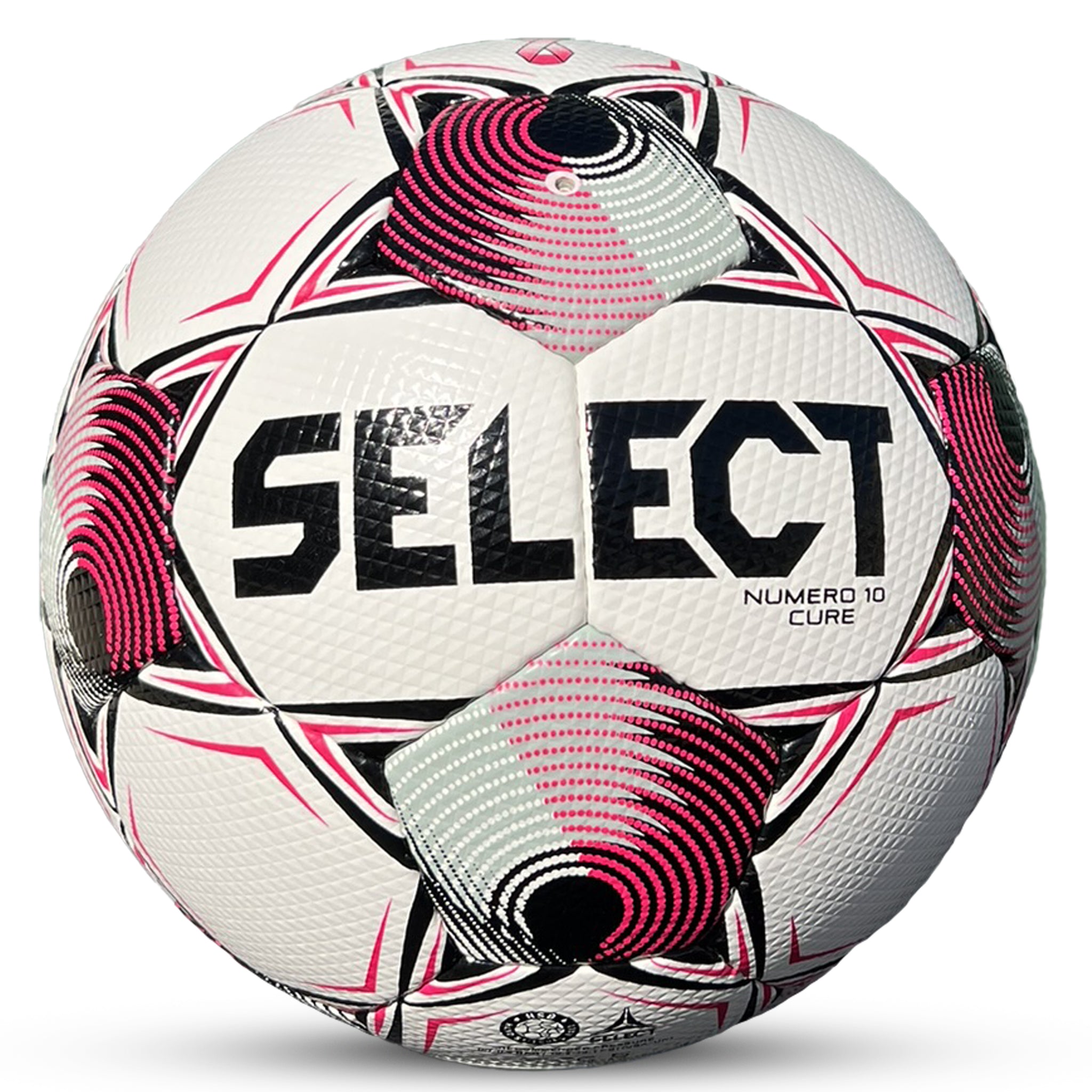 White soccer ball with black and pink accents and 'Select' branding. A pink breast cancer ribbon shows support for breast cancer research. #color_white/pink
