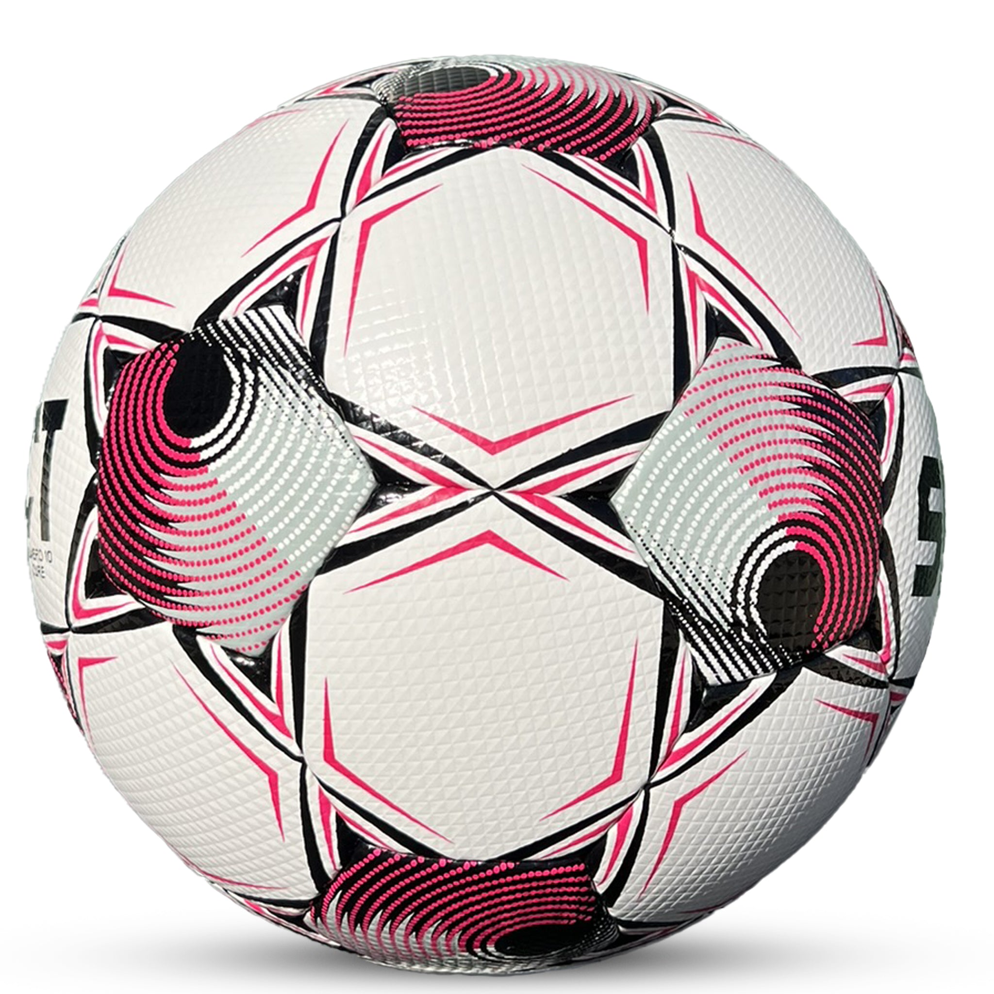 White soccer ball with black and pink accents and 'Select' branding. A pink breast cancer ribbon shows support for breast cancer research. #color_white/pink