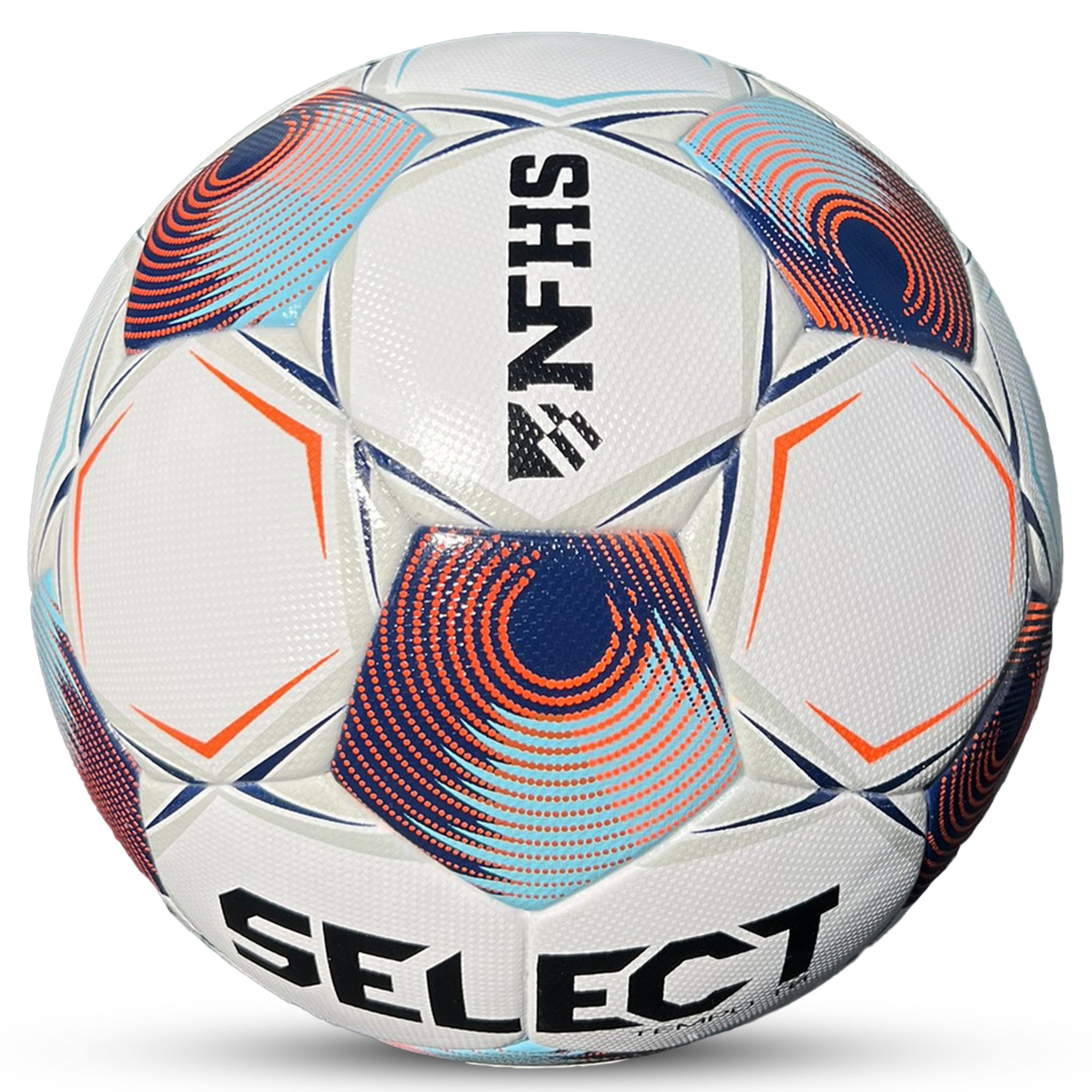 White soccer ball with navy, orange, and lightblue accents and 'Select' branding. Approved for NFHS play #color_white/navy
