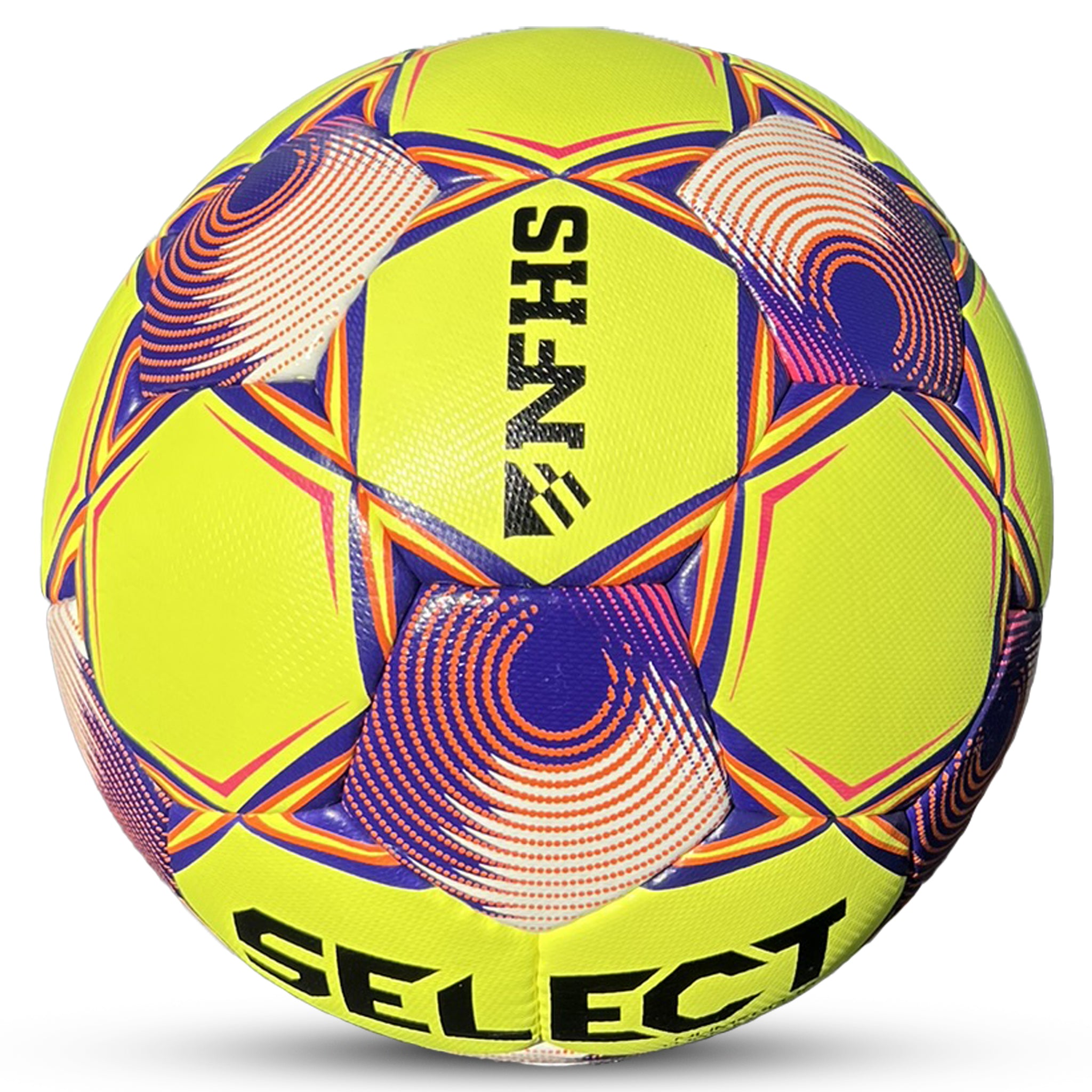 Yellow soccer ball with purple, orange, and white accents and 'Select' branding. Approved for NFHS play #color_yellow/purple