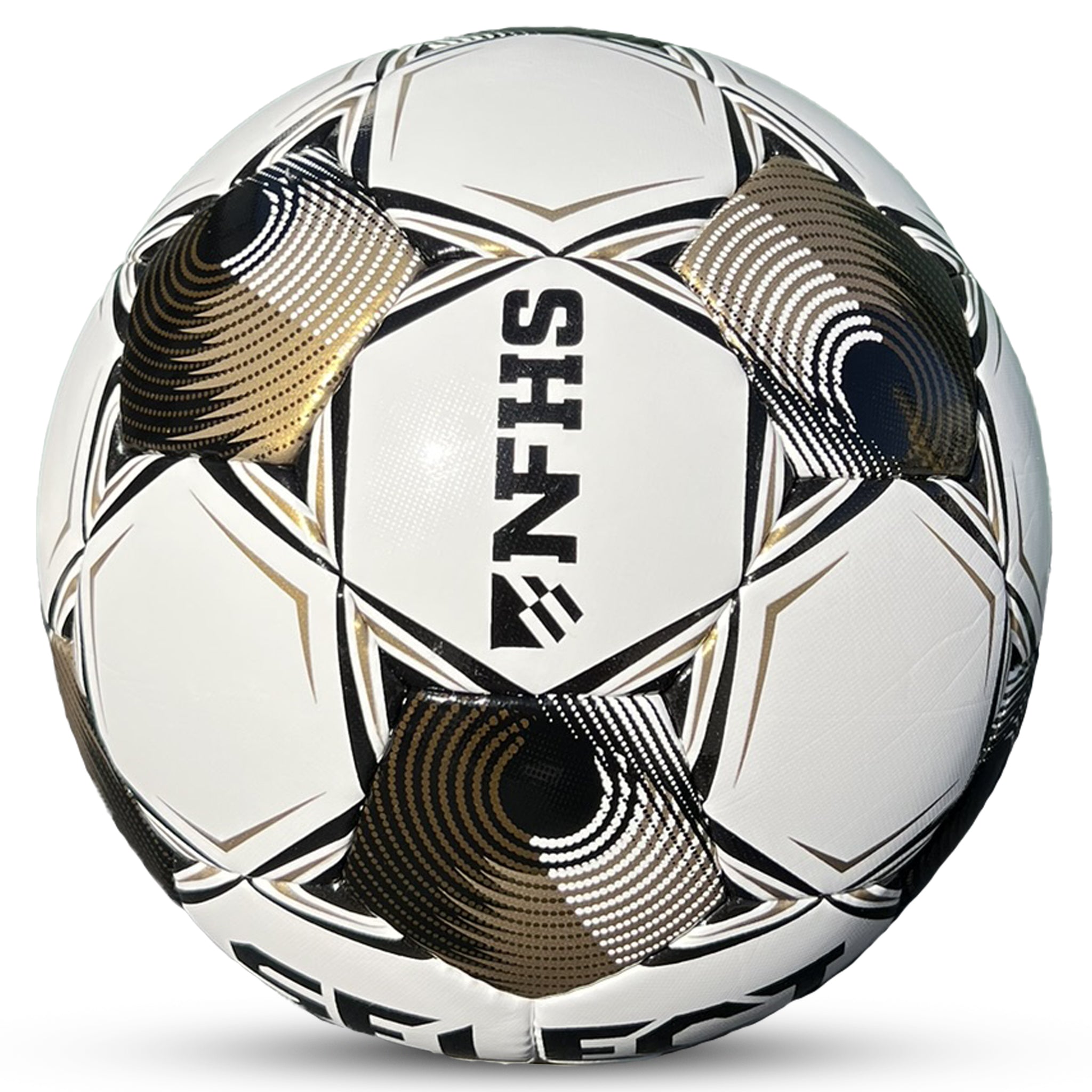 White soccer ball with black and gold accents and 'Select' branding. Approved for NFHS play #color_white/black