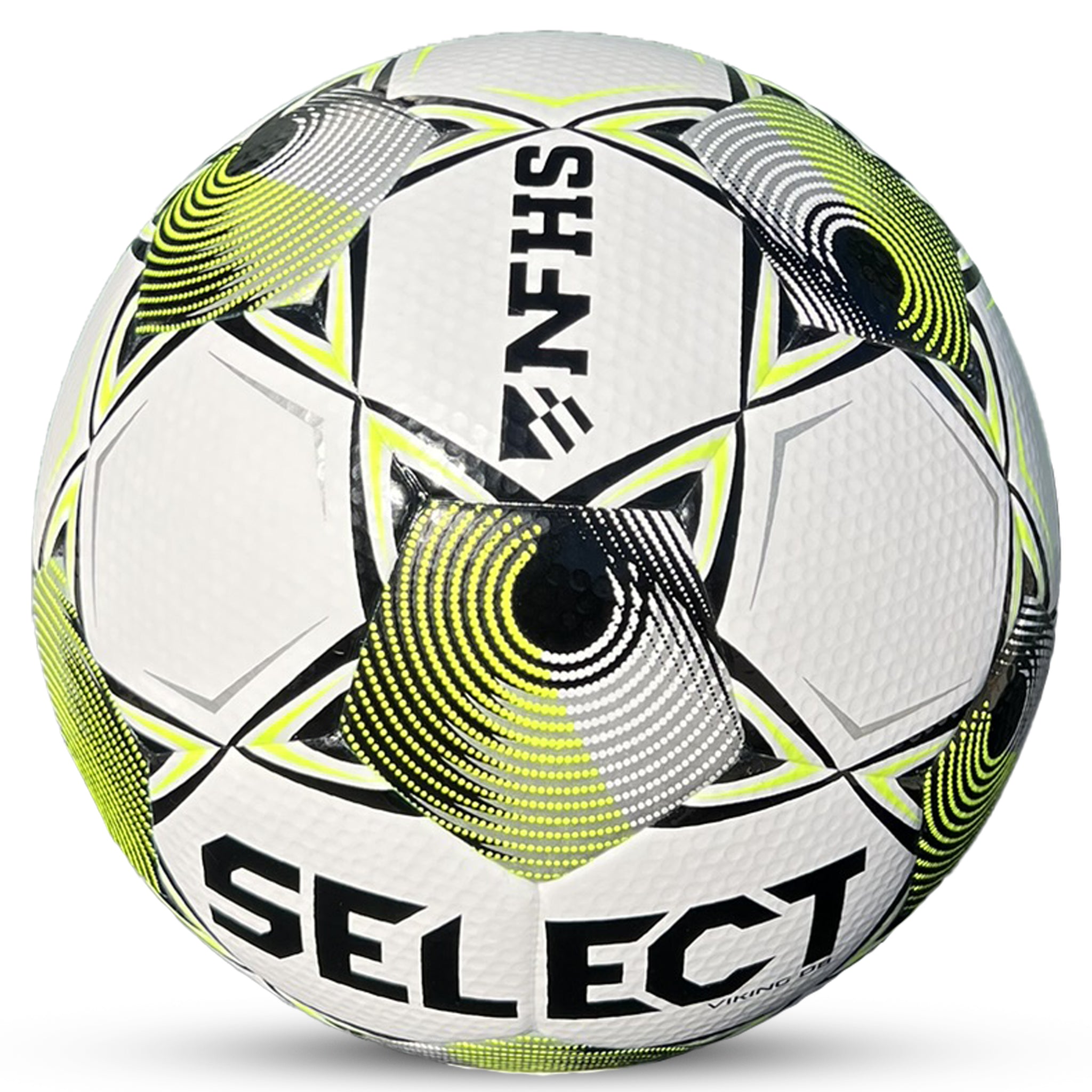 White soccer ball with black, silver and yellow accents and 'select' branding. Approved for NFHS play #color_white/yellow