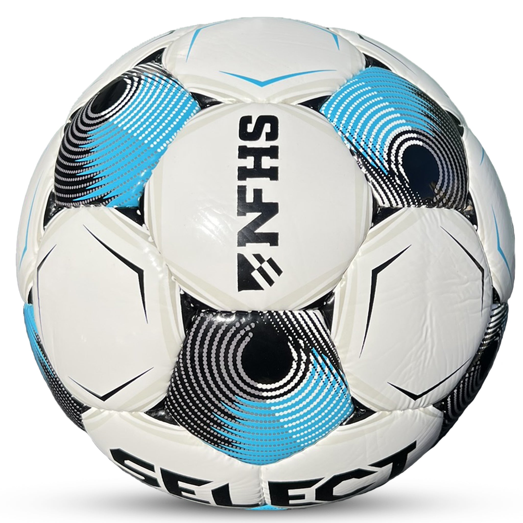 White soccer ball with black, blue, and gray accents with 'Select' branding. Approved for NFHS play #color_white/blue