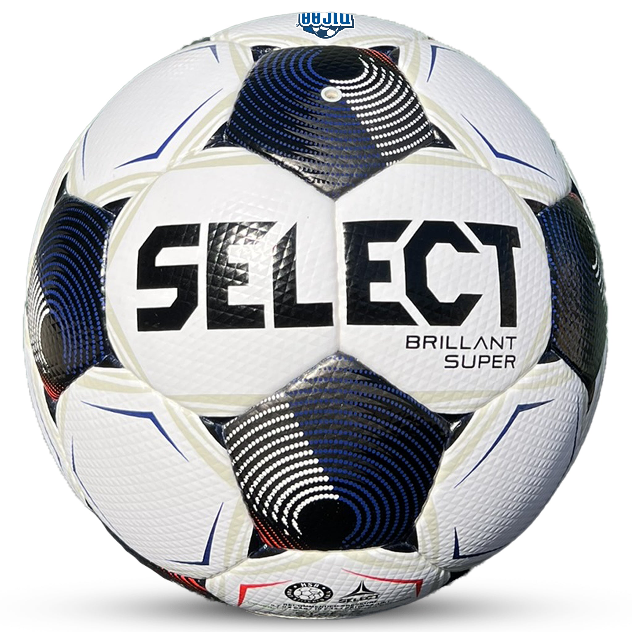 White soccer ball with black pentagons, blue and red accents and 'Select' branding on a white background. Official ball of the NJCAA #color_white/black
