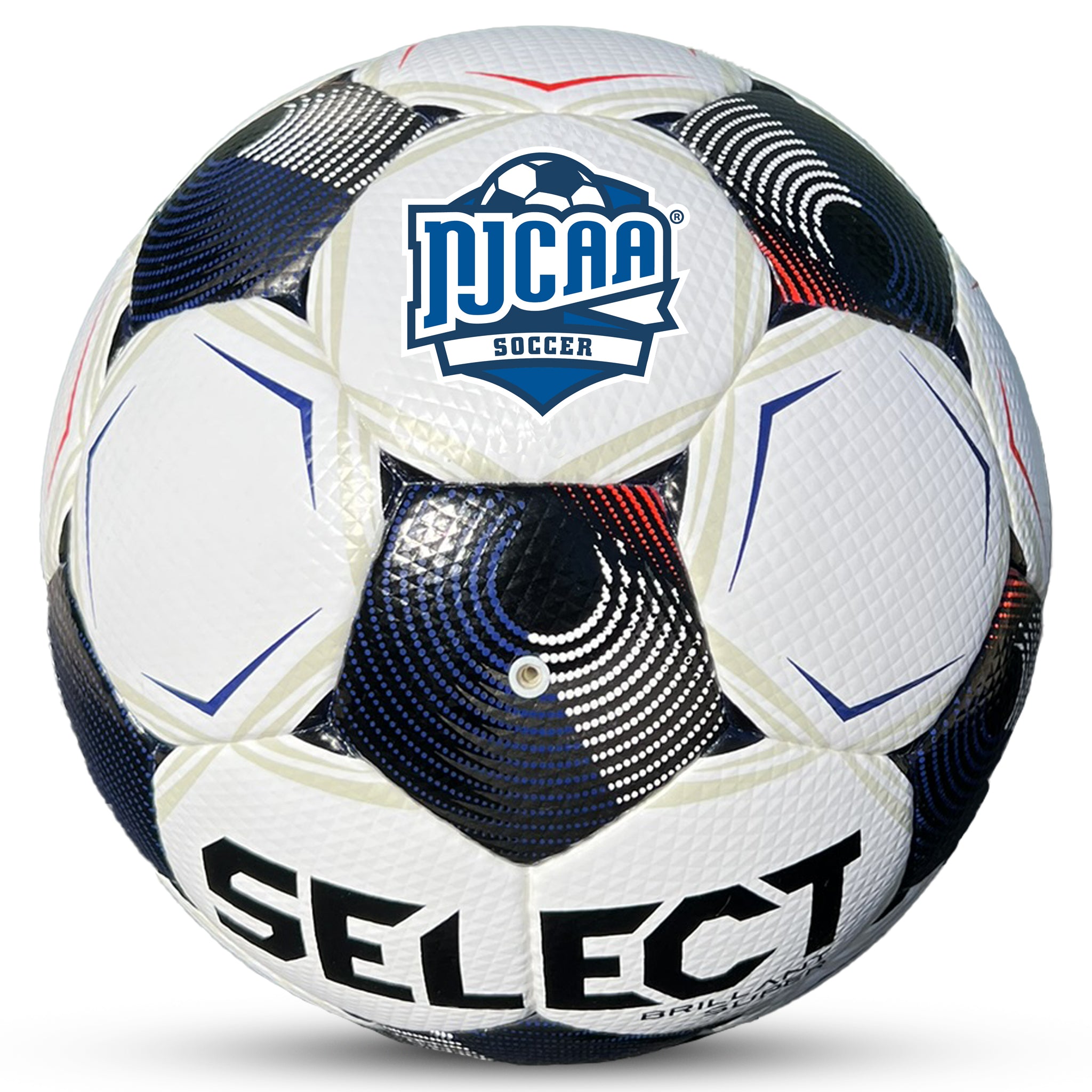 White soccer ball with black pentagons, blue and red accents and 'Select' branding on a white background. Official ball of the NJCAA #color_white/black