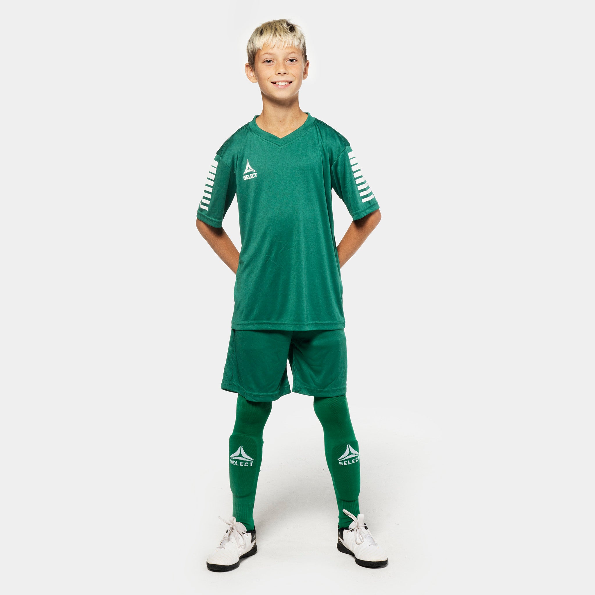 Green short sleeve sports jersey with white stripes and Select brand logo on a white background. Product name is Pisa short sleeve jersey #color_ #color_green #color_green