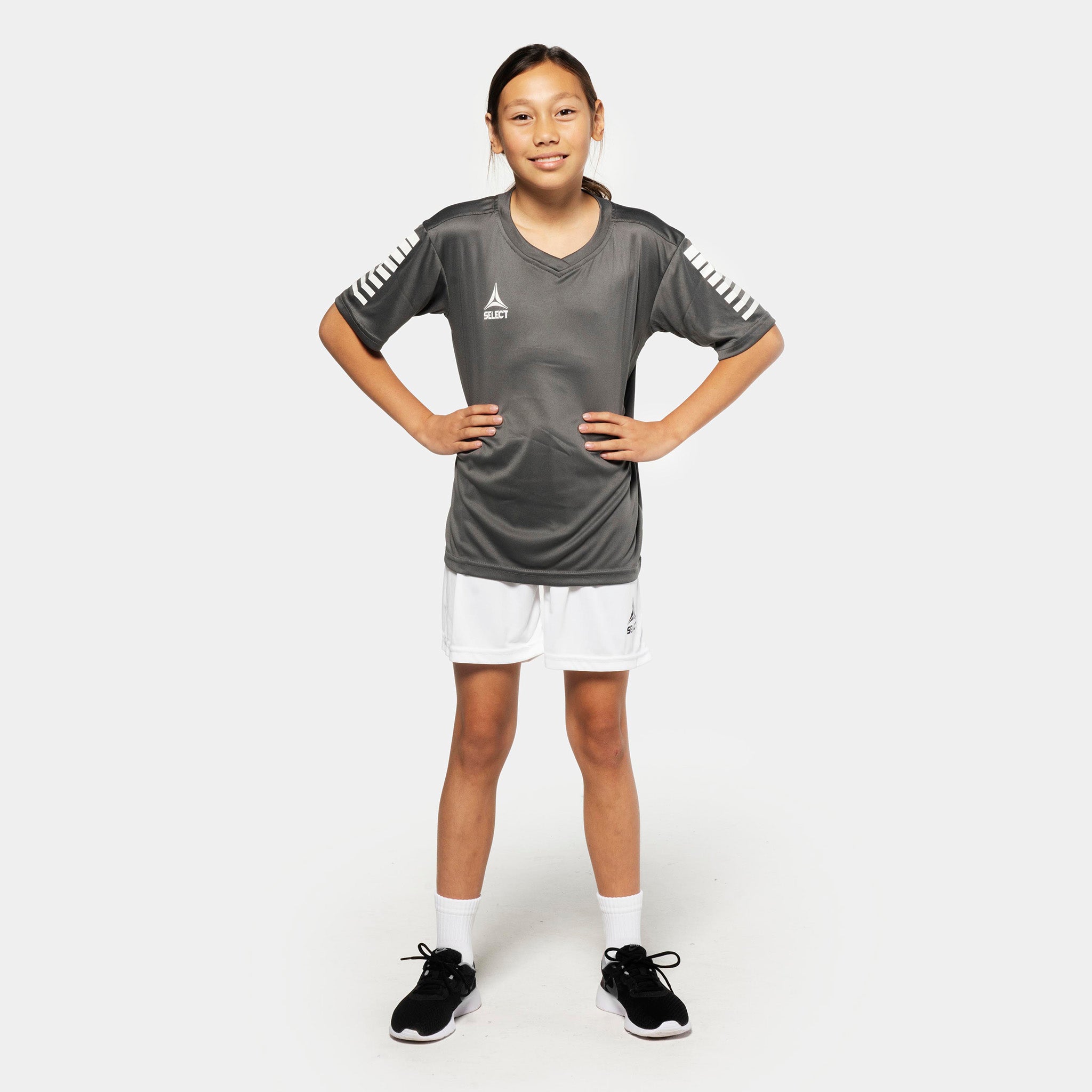 Grey short sleeve sports jersey with white stripes and Select brand logo on a white background. Product name is Pisa short sleeve jersey #color_ #color_grey #color_grey