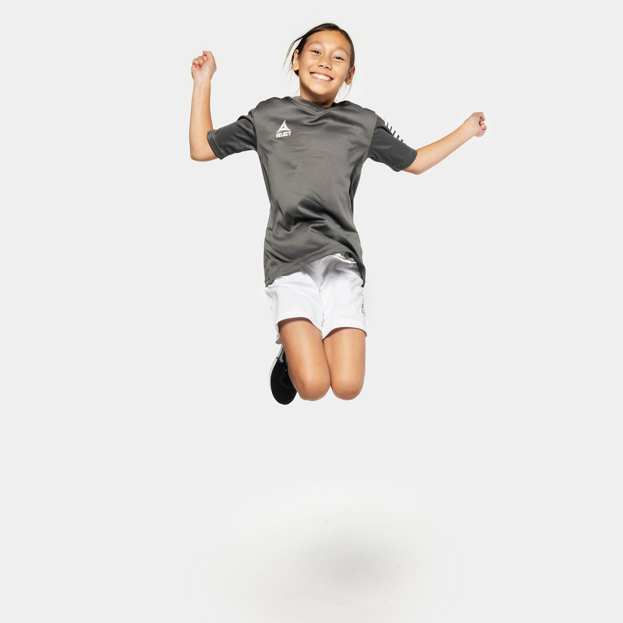 Grey short sleeve sports jersey with white stripes and Select brand logo on a white background. Product name is Pisa short sleeve jersey #color_ #color_grey #color_grey