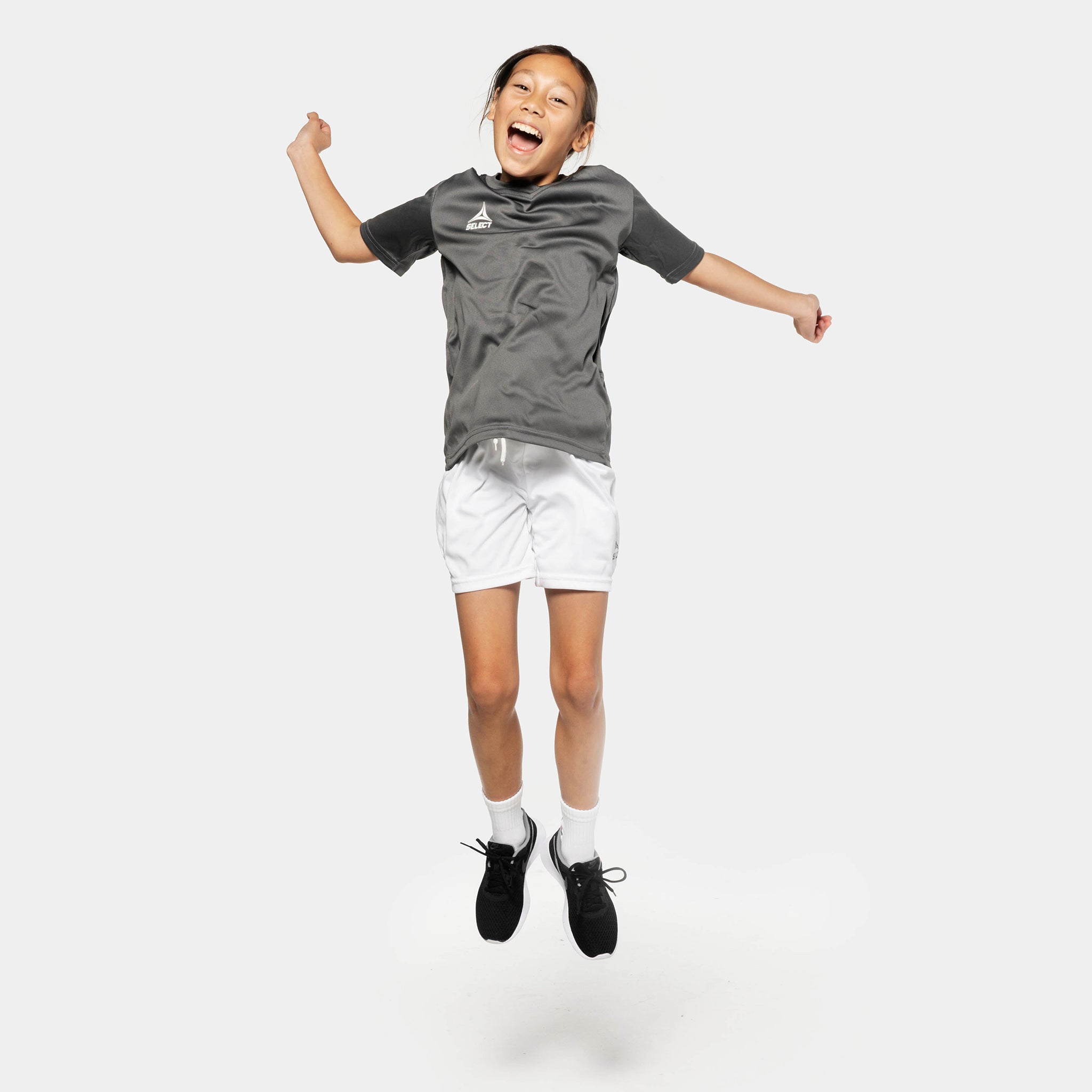 Grey short sleeve sports jersey with white stripes and Select brand logo on a white background. Product name is Pisa short sleeve jersey #color_ #color_grey #color_grey