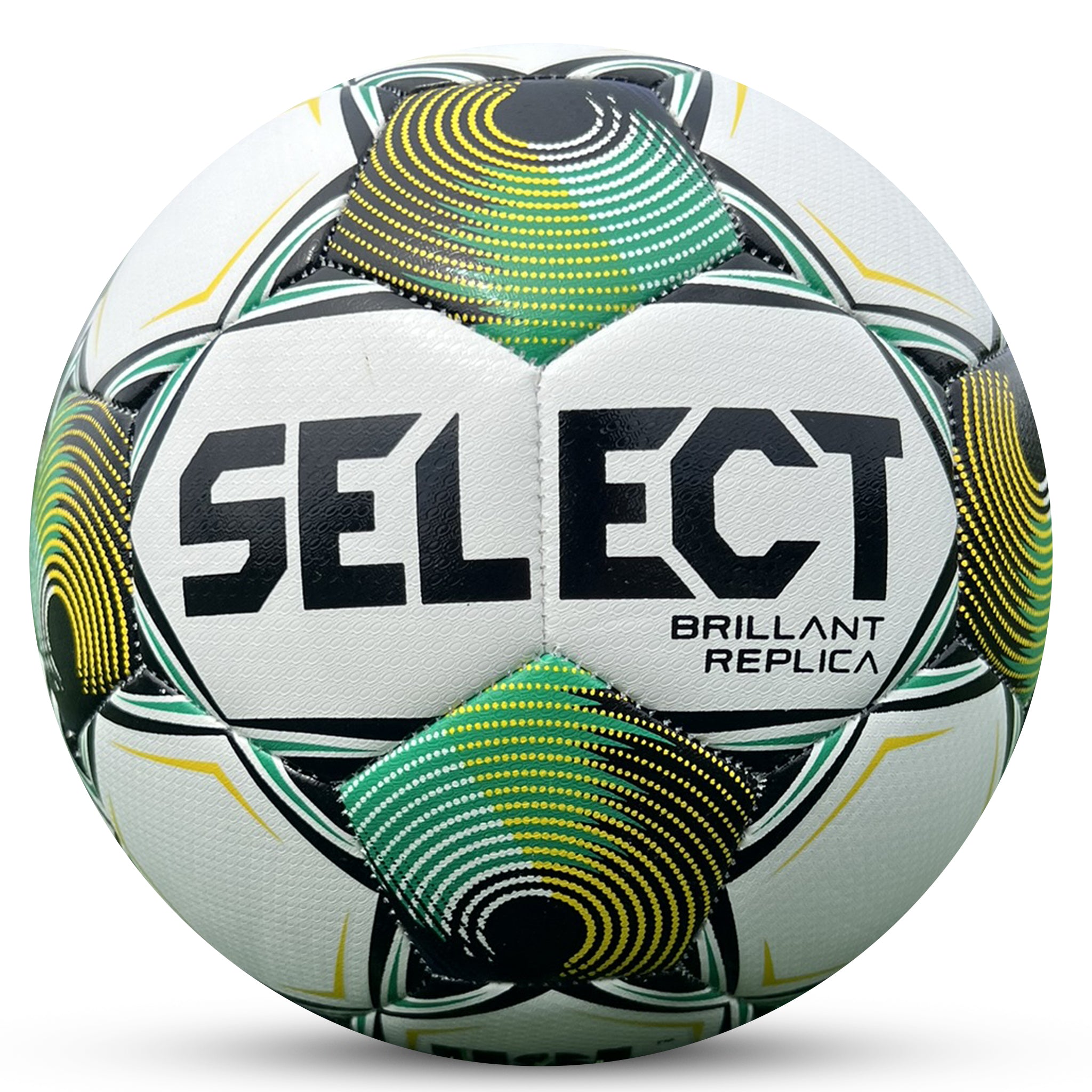 White soccer ball with black pentagons, green and yellow accents and 'Select' branding on a white background. Official replica mini ball of the USL 2025 season #color_white/green