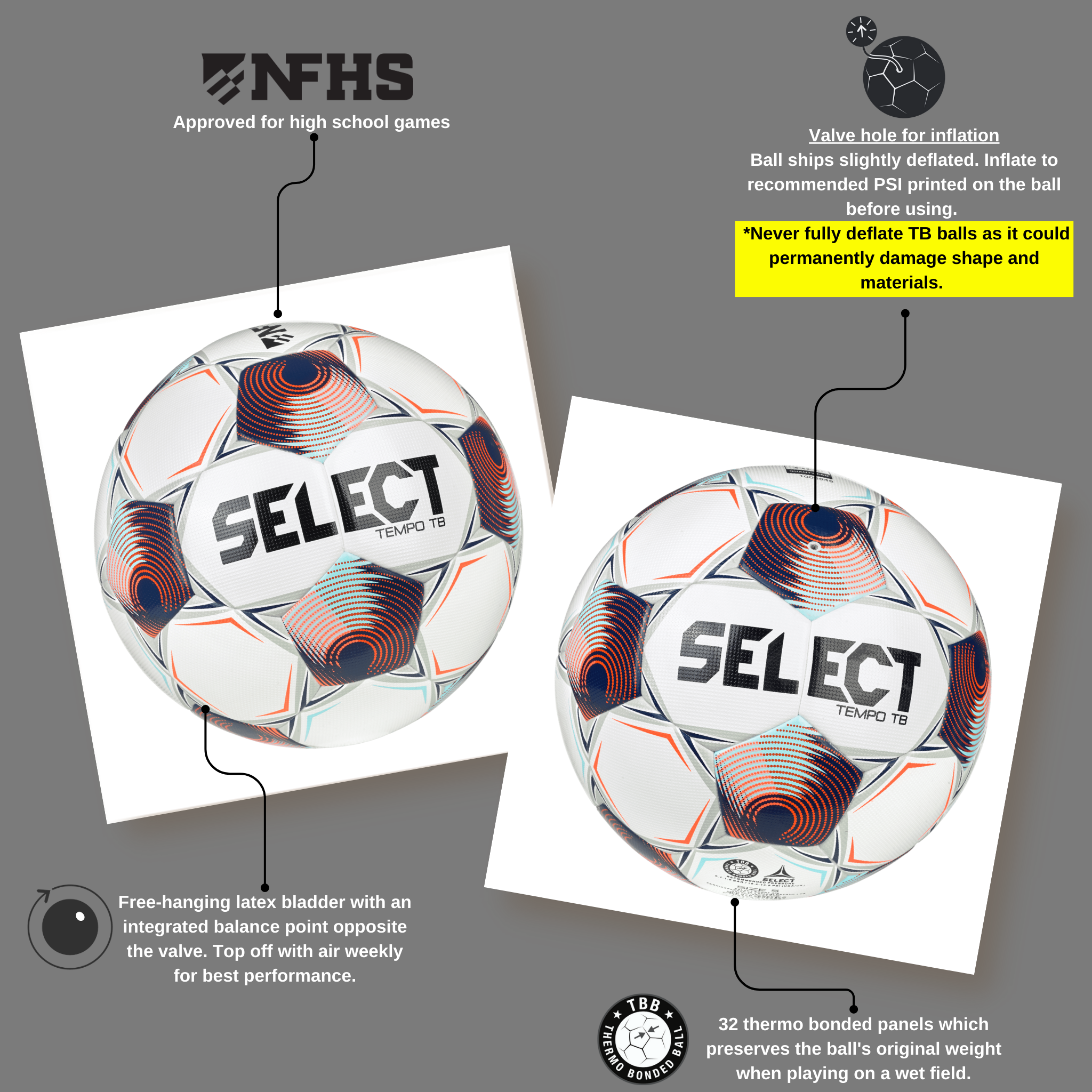 White soccer ball with navy, orange, and lightblue accents and 'Select' branding. Approved for NFHS play #color_white/navy