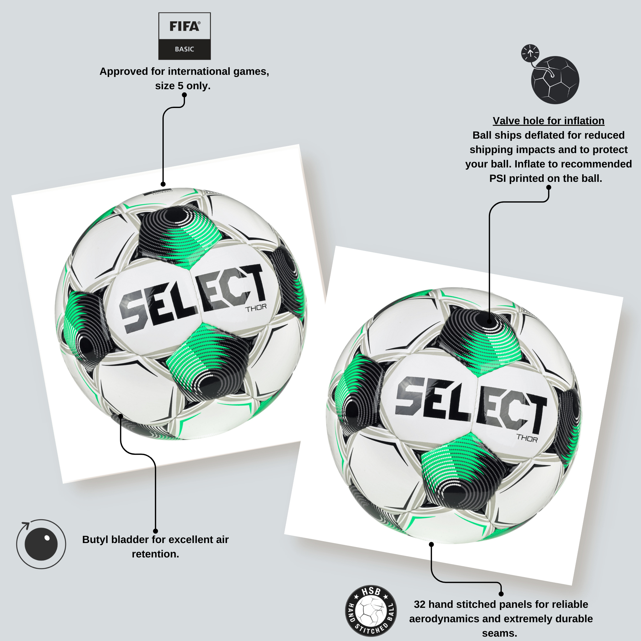 Closeup of Thor v25 soccer ball showing white, green and black panels with valve hole, FIFA Basic mark and stitched seams.