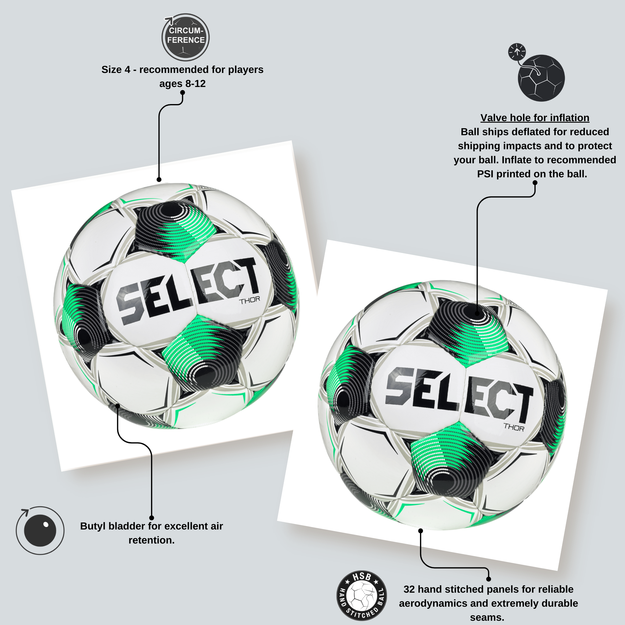 Infographic for Thor soccer ball. A white, black, and green training and match ball. Key points for recommended use, bladder type, construction method, and valve location.