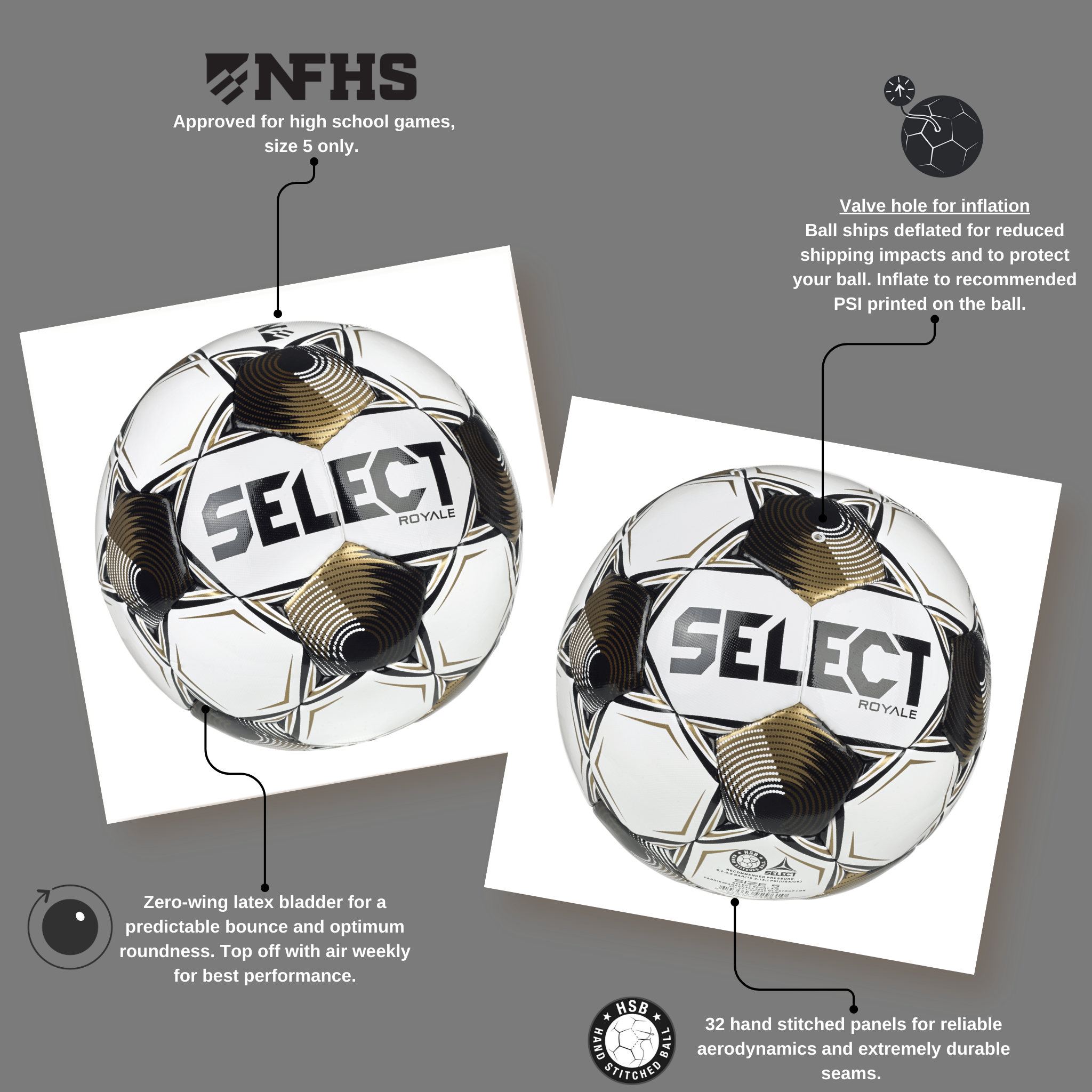 White soccer ball with black and gold accents and 'Select' branding. Approved for NFHS play #color_white/black
