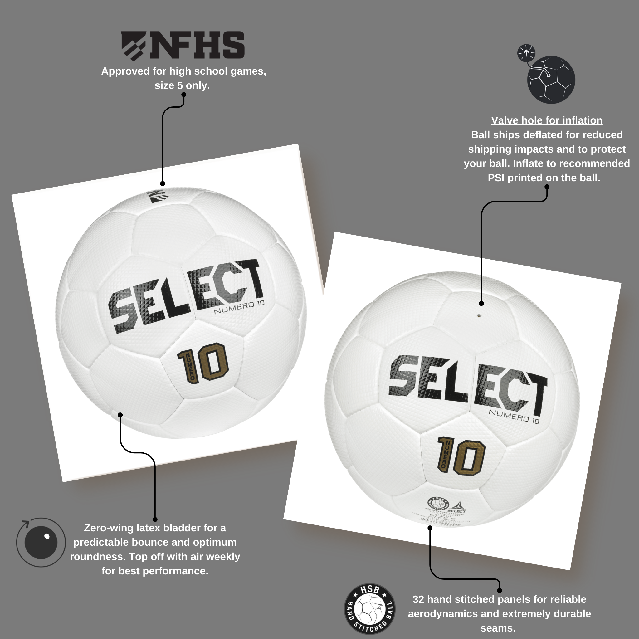 White soccer ball with a gold numero 10 and 'Select' branding. Approved for NFHS play #color_ #color_white #color_white
