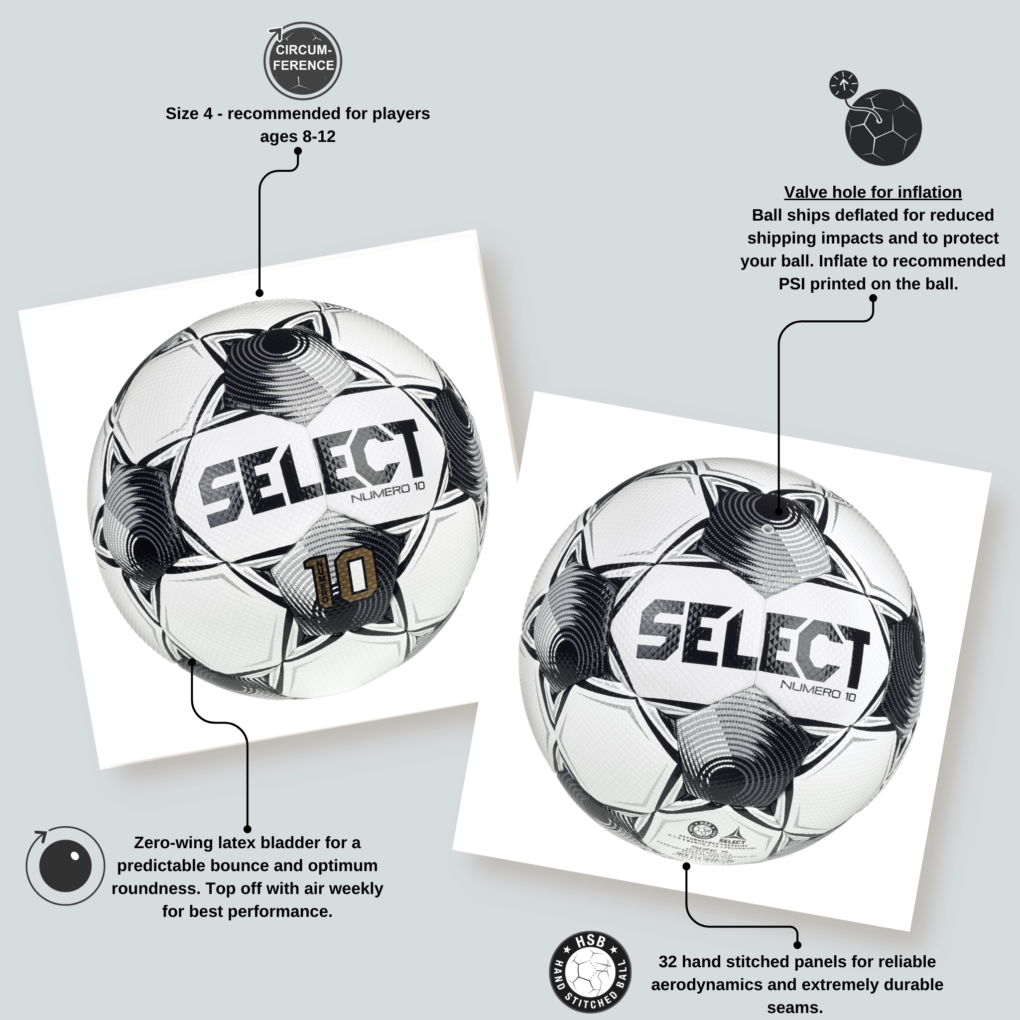 Infographic for Numero 10 soccer ball. A white, black and silver training and match ball. Key points for recommended use, bladder type, construction method, and valve location.