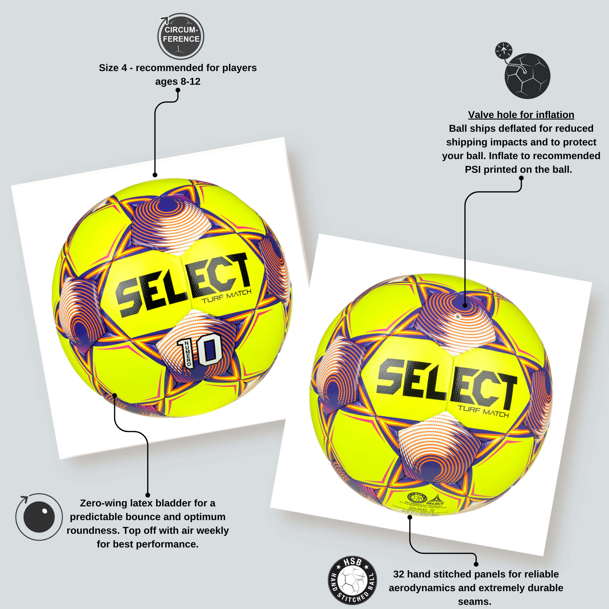 Yellow soccer ball with purple, orange, and white accents and 'Select' branding. Approved for NFHS play #color_yellow/purple