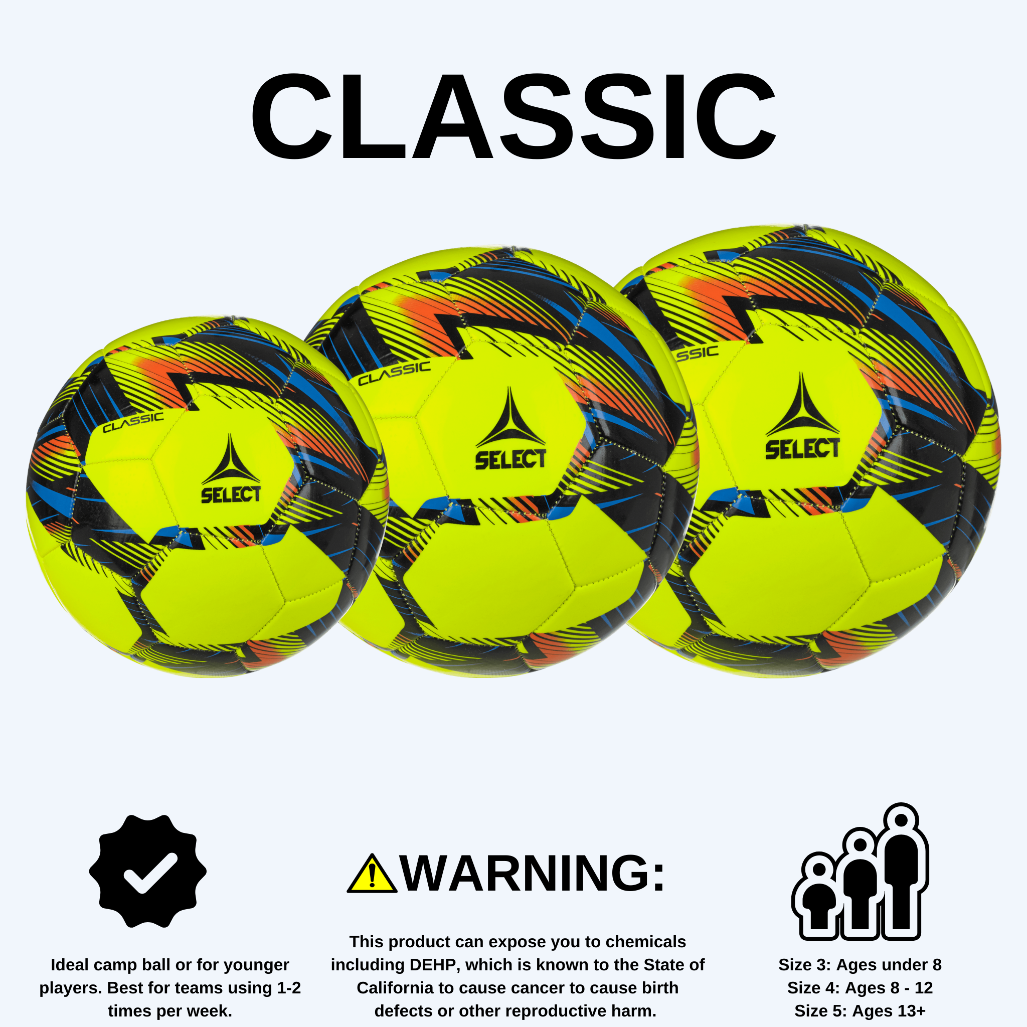 Yellow soccer ball with black, blue, and orange accents. Select branded #color_ #color_yellow/black #color_yellow/black