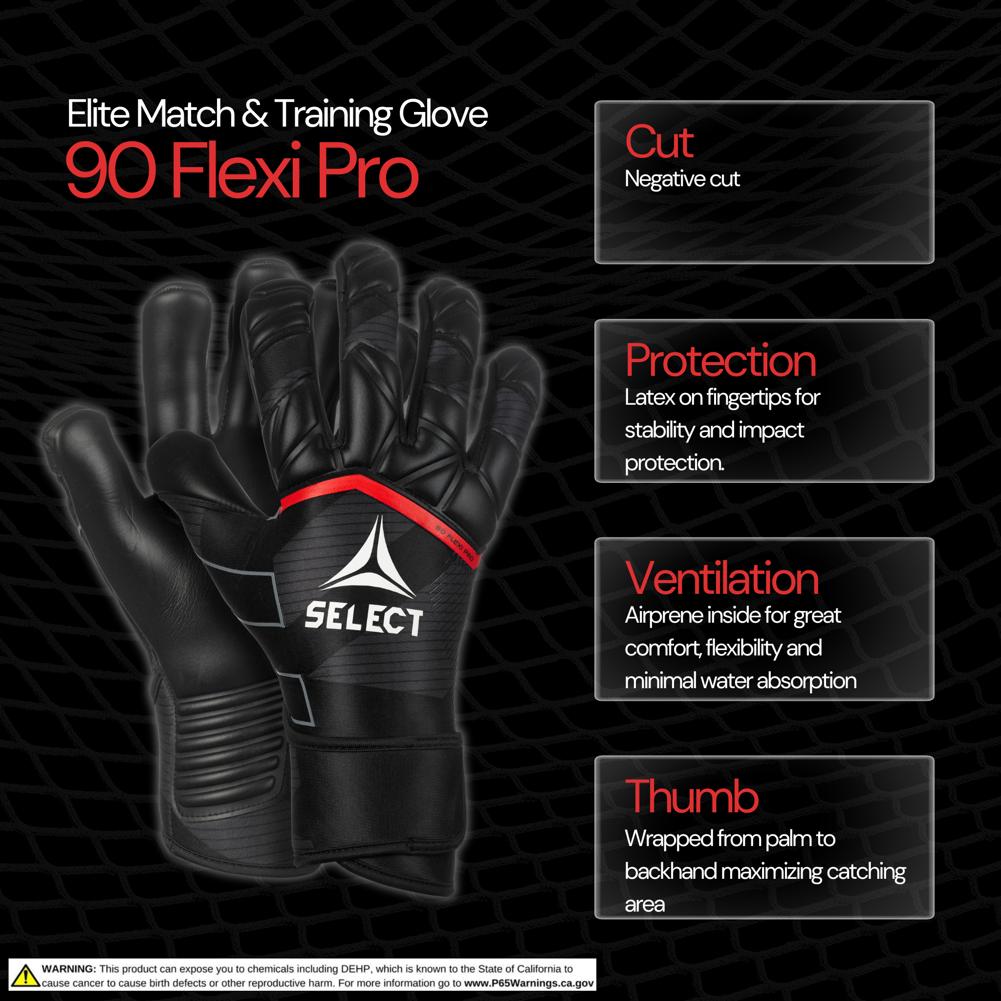 Goalkeeper glove with black and red backhand, black palm and Select logo on backhand. #color_black/red