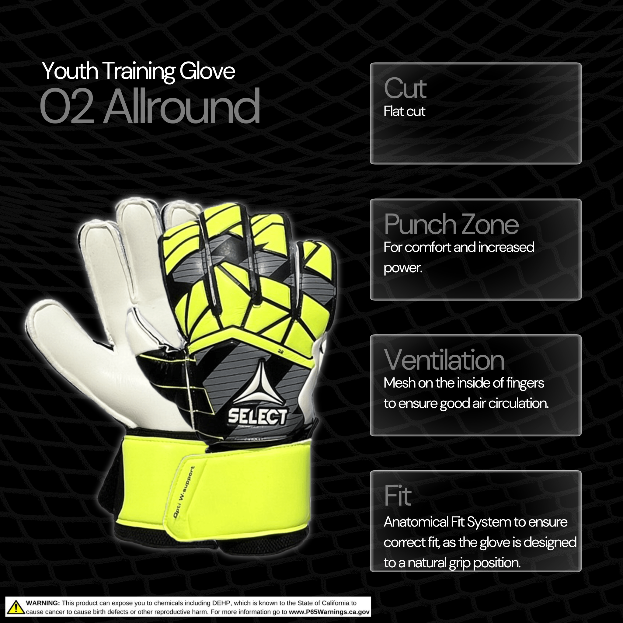 Youth goalkeeper glove with a black, grey, and yellow backhand and white palm. Select logo on backhand #color_yellow/white