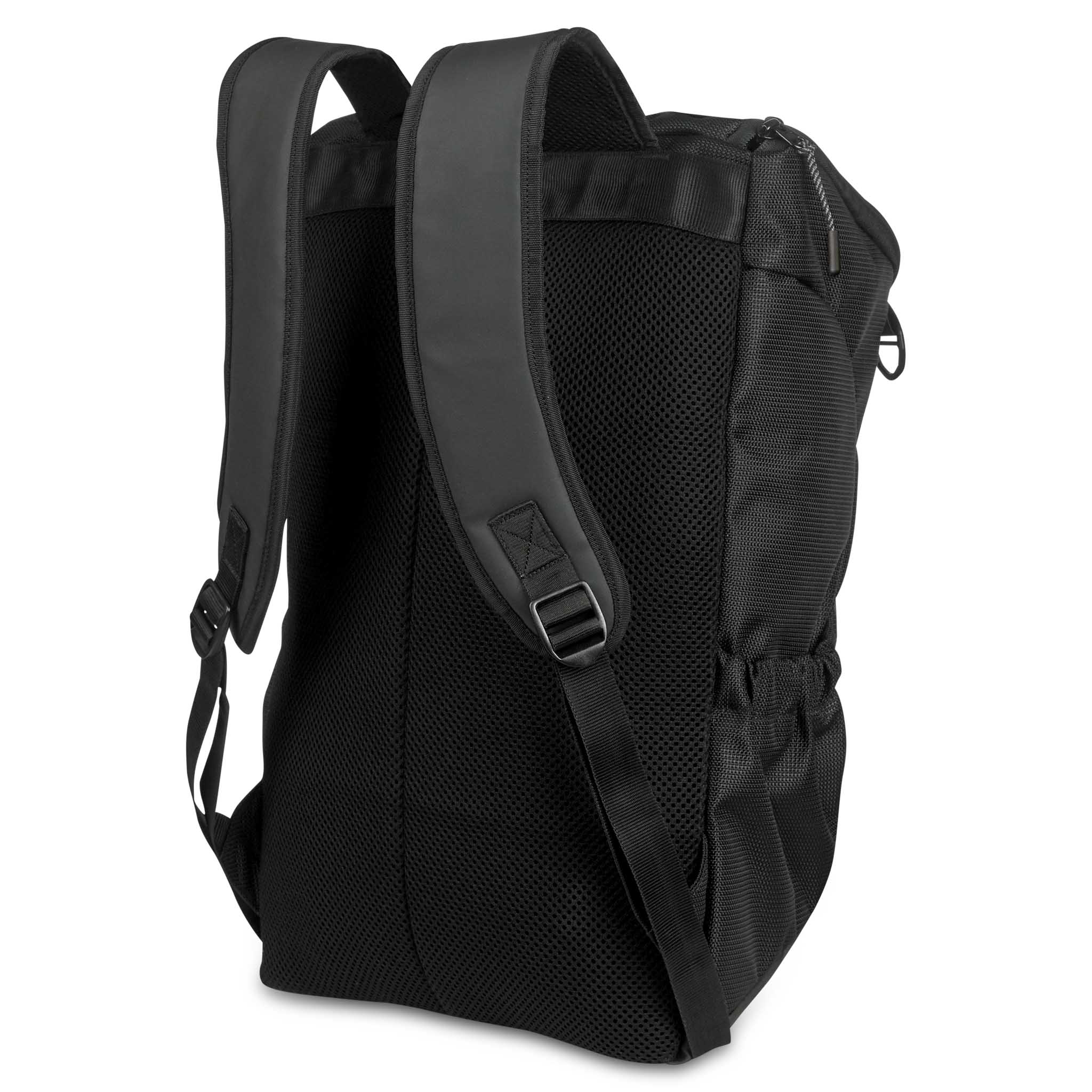 Back view of a black backpack
