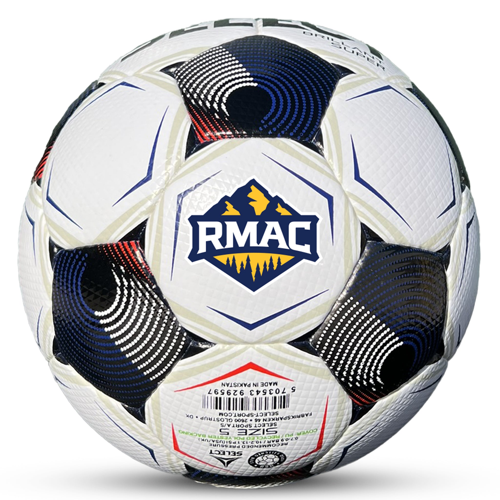 White soccer ball with black pentagons, blue and red accents and 'Select' branding on a white background. Official ball of the RMAC #color_white/black