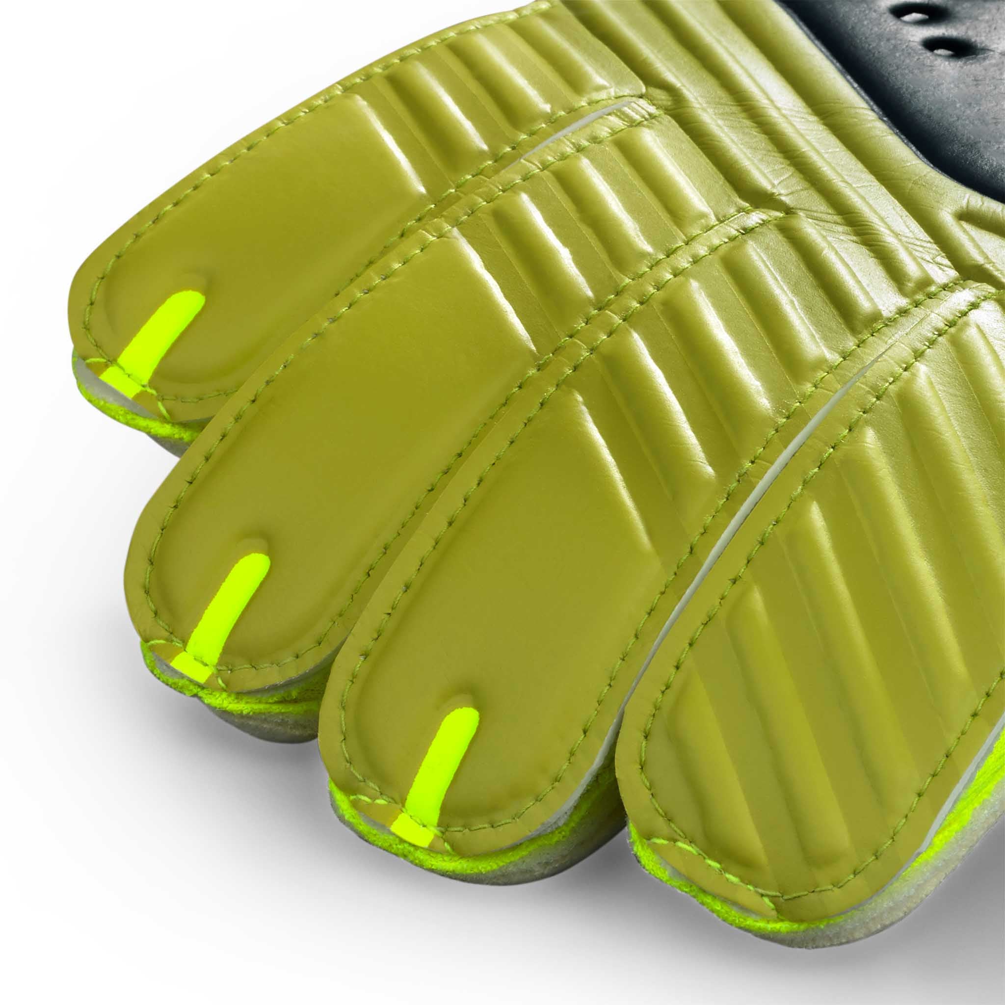 Youth goalkeeper glove with a navy and green backhand and white plam. Select logo on backhand #color_blue/green