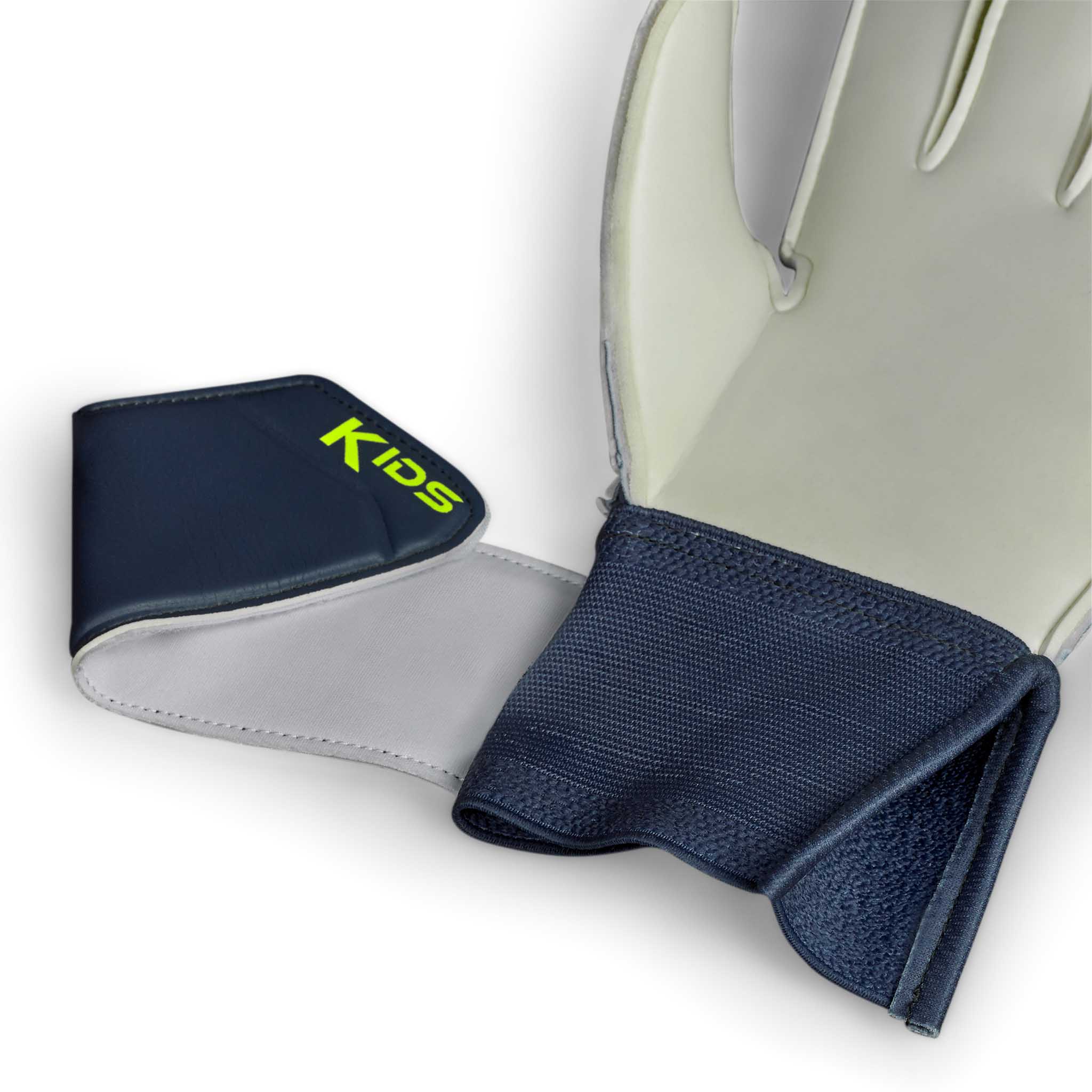 Youth goalkeeper glove with a navy and green backhand and white plam. Select logo on backhand #color_blue/green