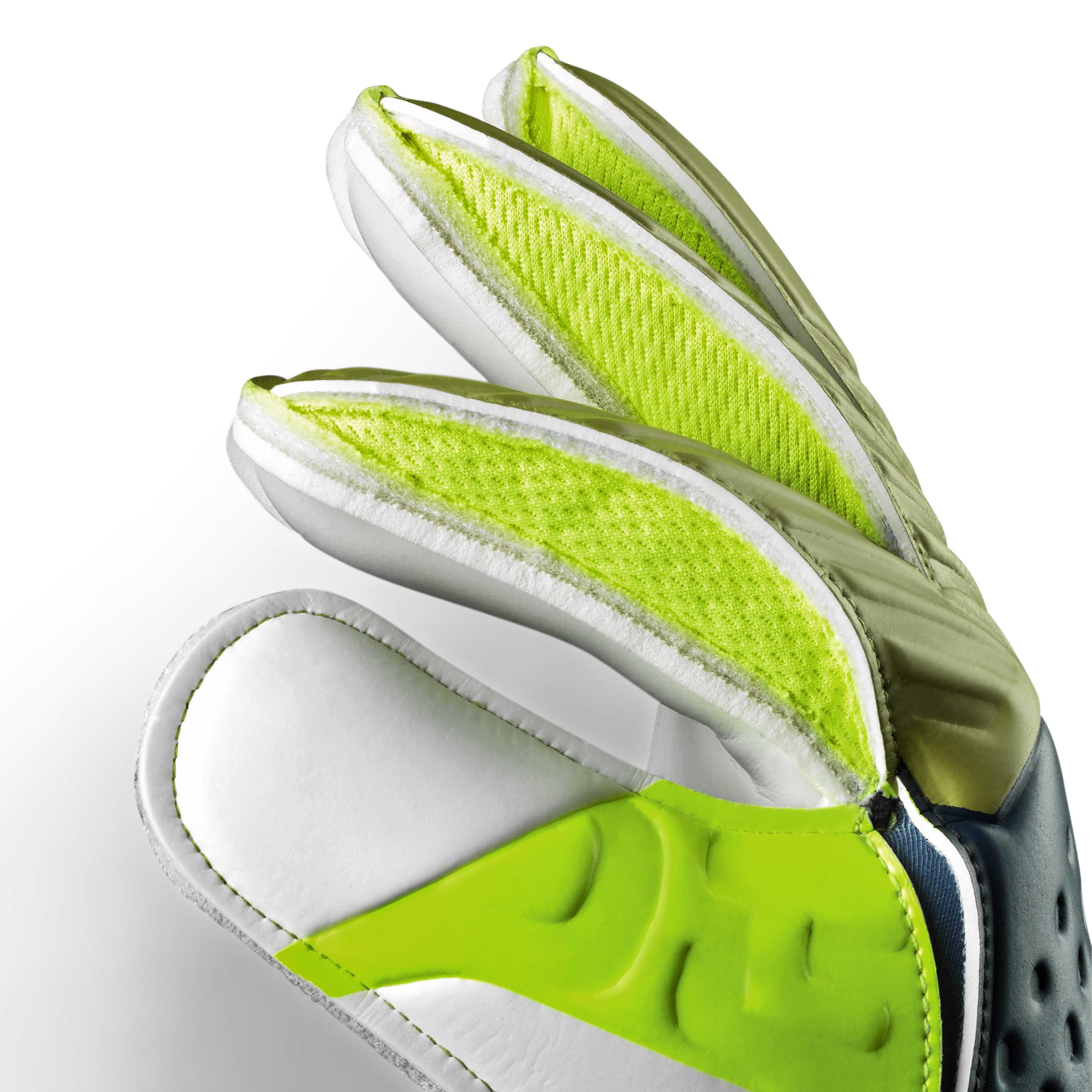 Youth goalkeeper glove with a navy and green backhand and white plam. Select logo on backhand #color_blue/green