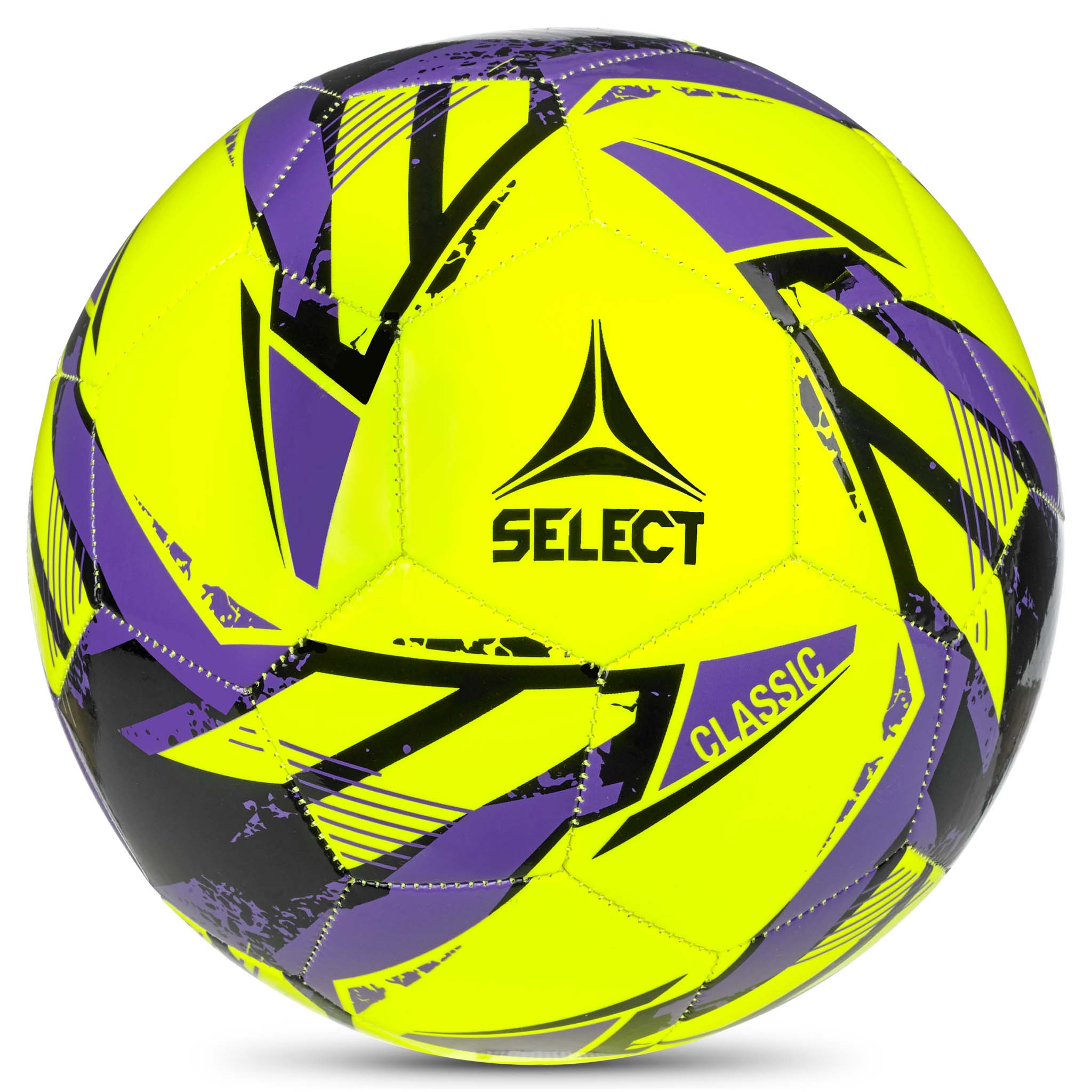 Yellow soccer ball with black and purple accents featuring the Select logo #color_yellow/purple