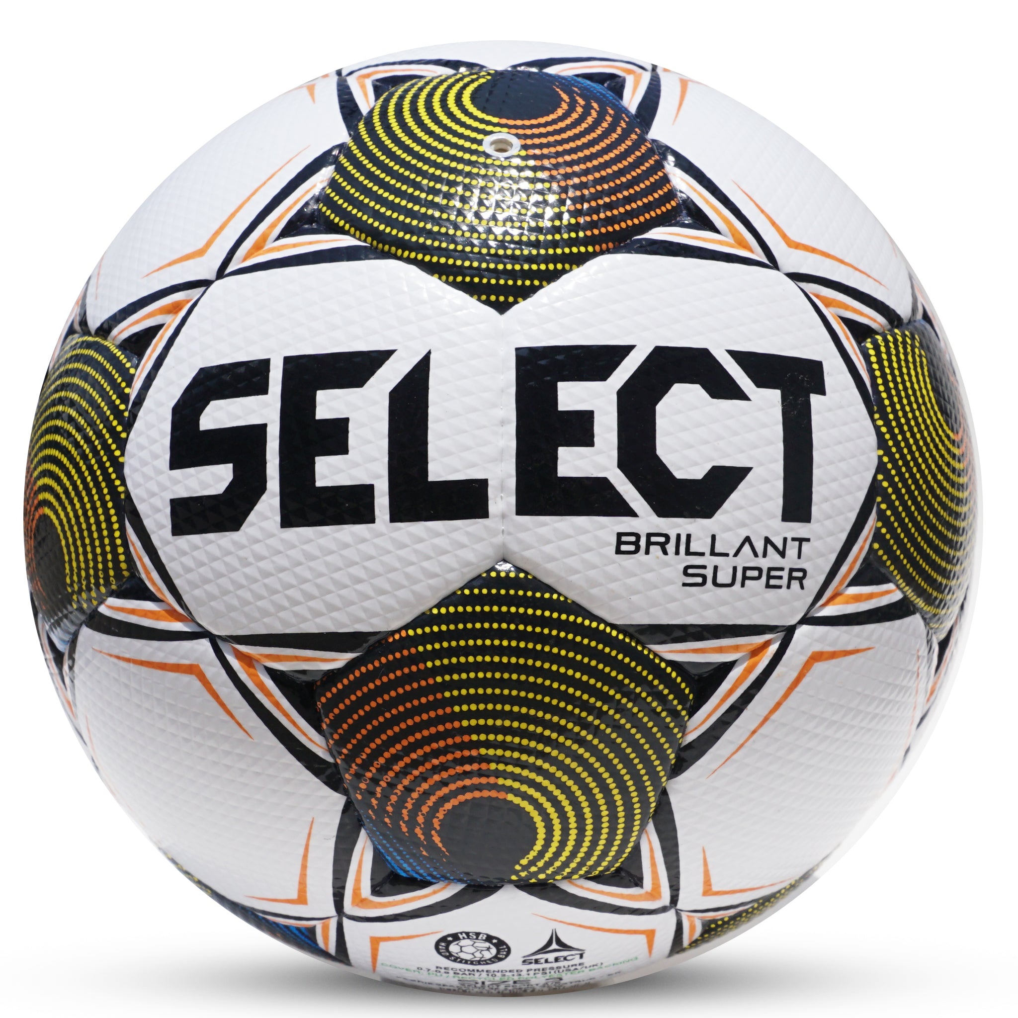 White soccer ball with black pentagons, orange and yellow accents and 'Select' branding on a white background. Official match ball of the Gainbridge Super League 2025/26 season #color_white/orange