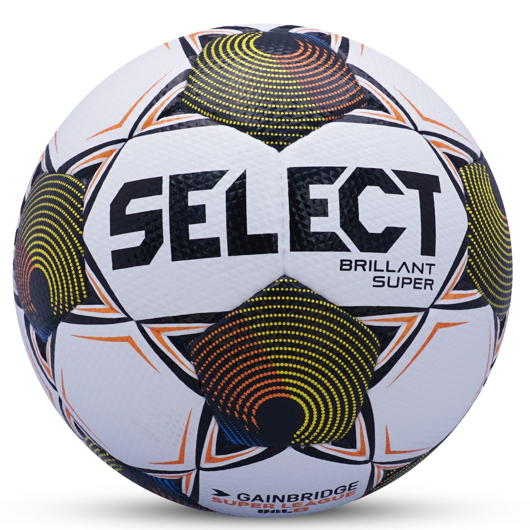White soccer ball with black pentagons, orange and yellow accents and 'Select' branding on a white background. Official match ball of the Gainbridge Super League 2025/26 season