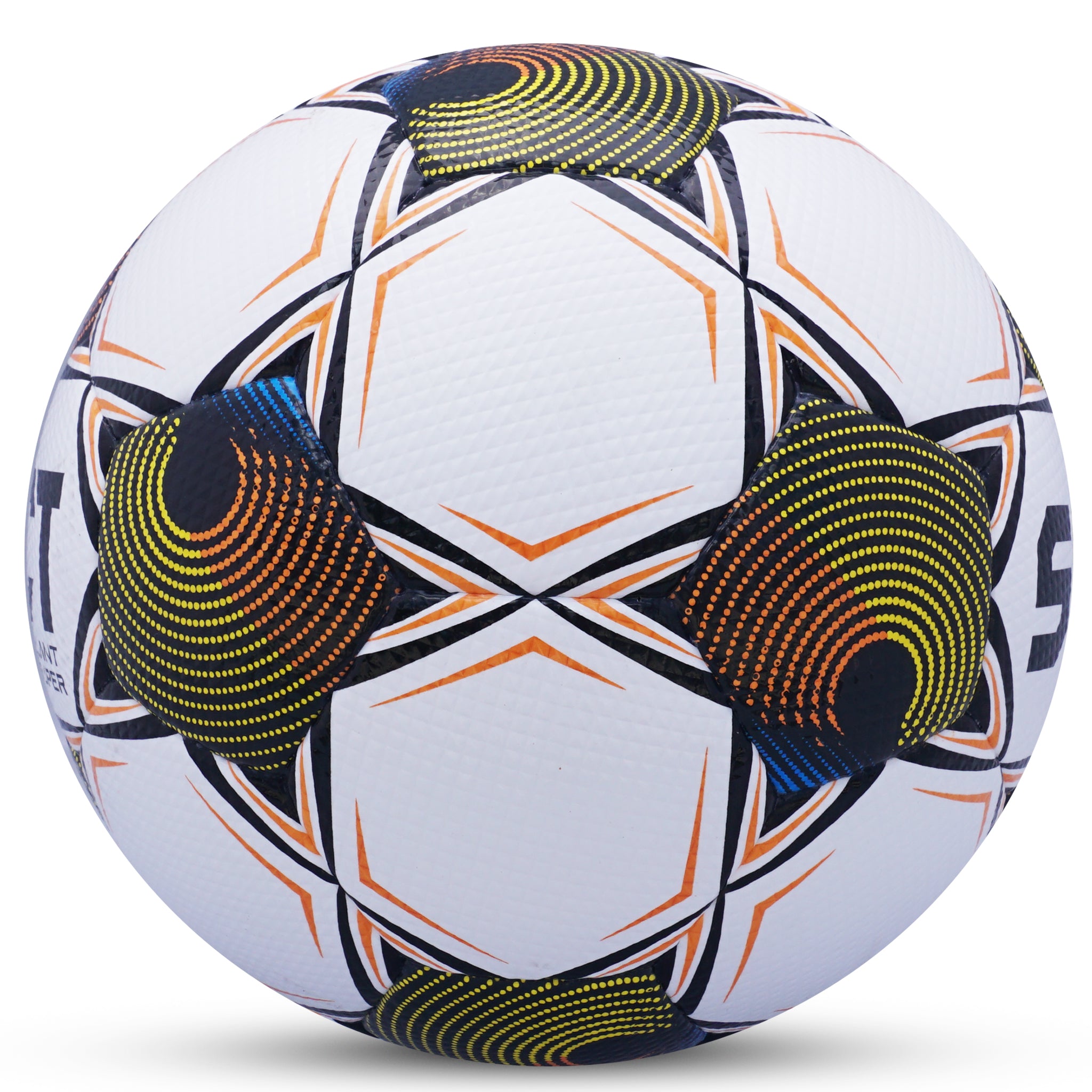 Side view of white soccer ball with black pentagons, orange and yellow accents and 'Select' branding on a white background. Official match ball of the Gainbridge Super League 2025/26 season