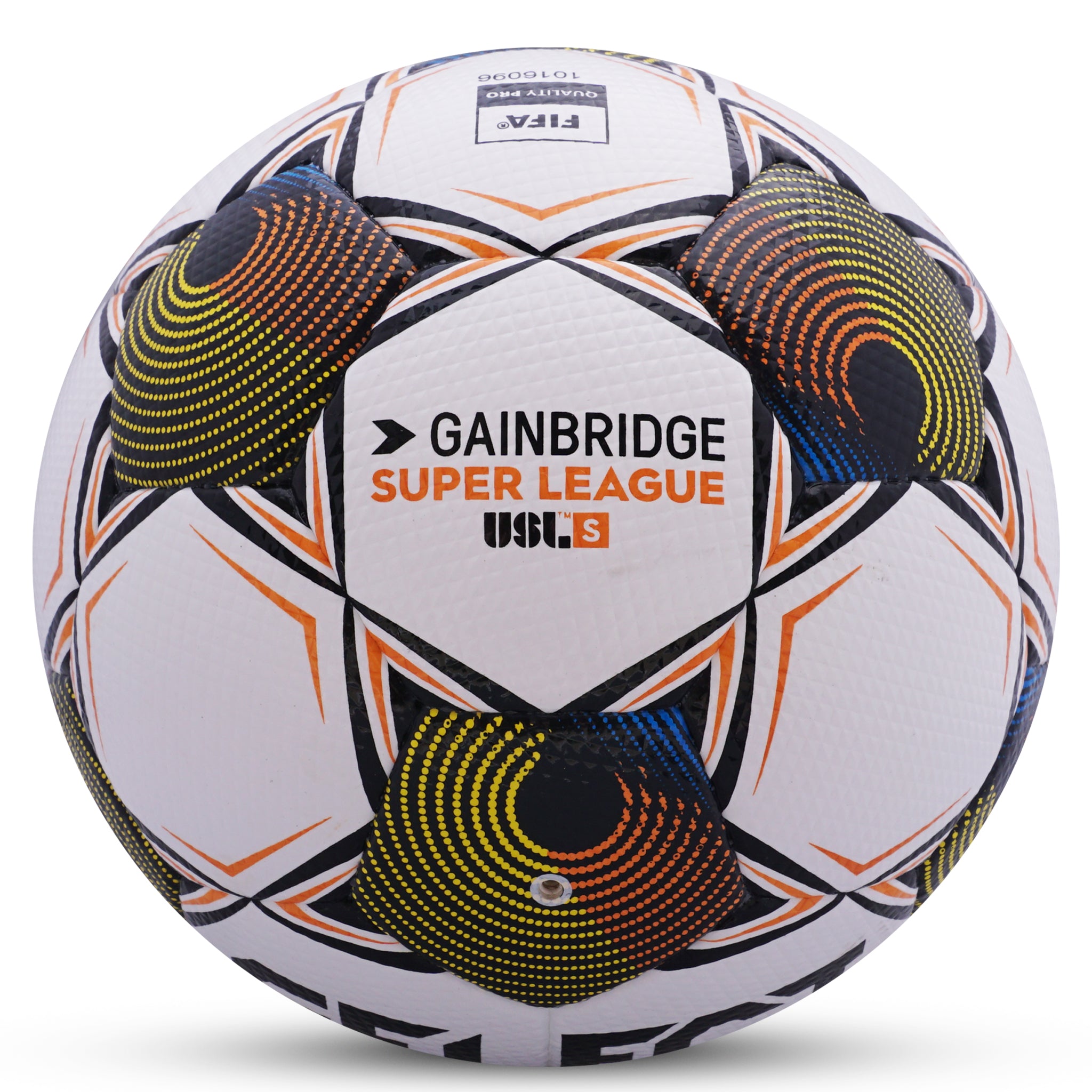 White soccer ball with black pentagons, orange and yellow accents and 'Select' branding on a white background. Official match ball of the Gainbridge Super League 2025/26 season #color_white/orange