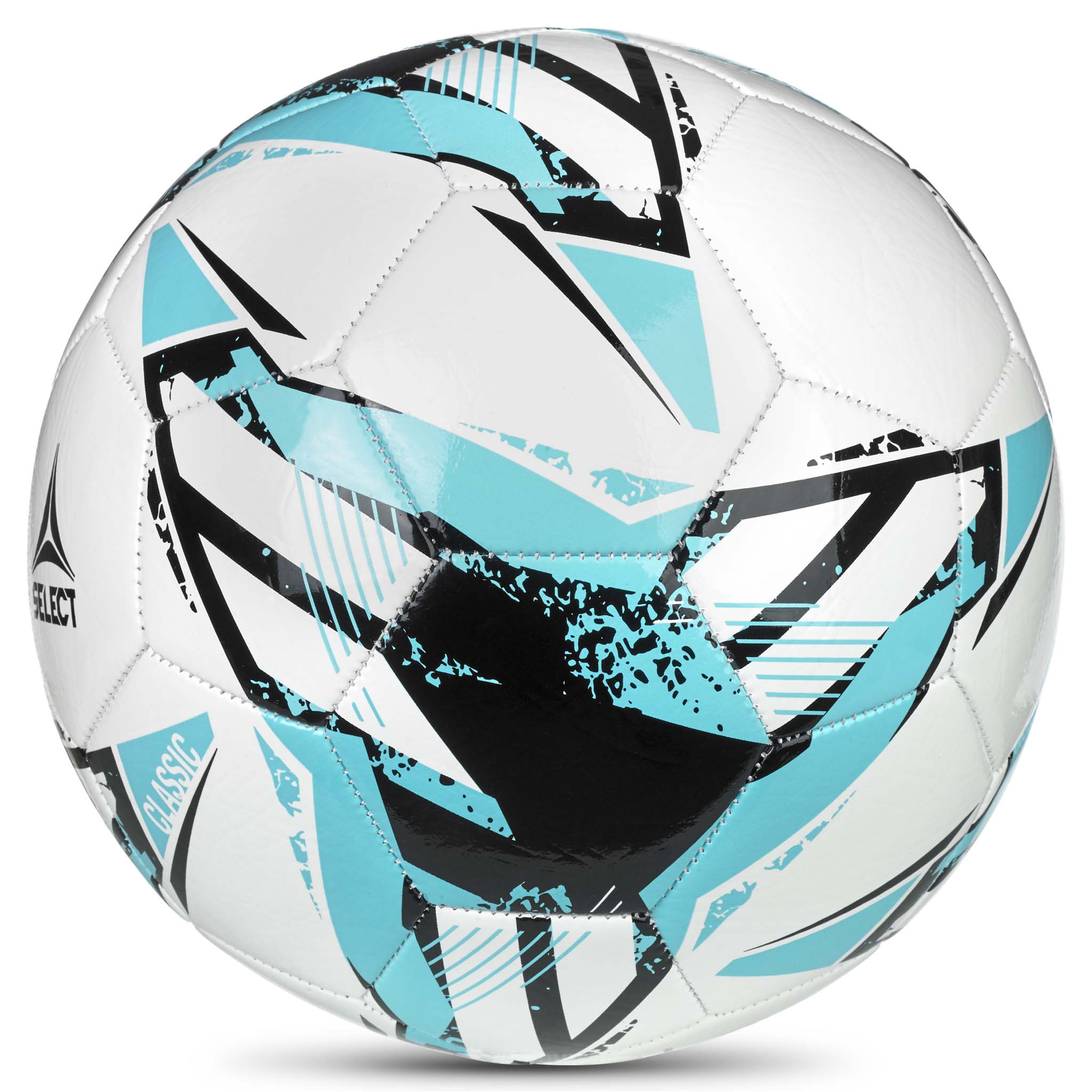 White soccer ball with black and lightblue accents featuring the Select logo #color_ #color_white/blue #color_white/blue
