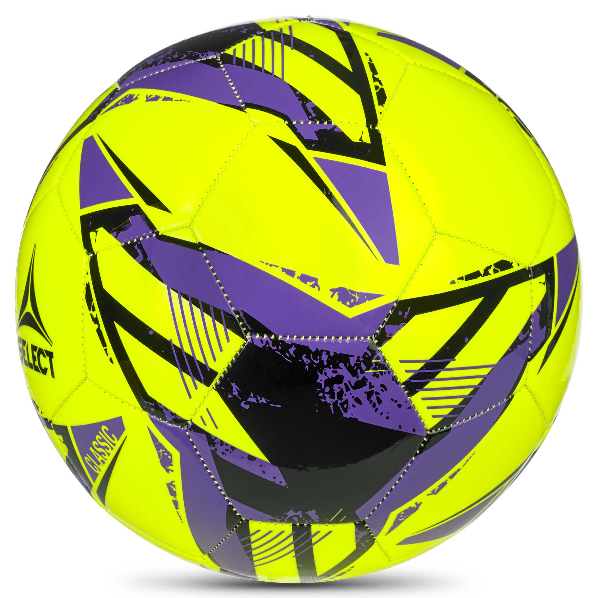 Yellow soccer ball with black and purple accents featuring the Select logo #color_ #color_yellow/purple