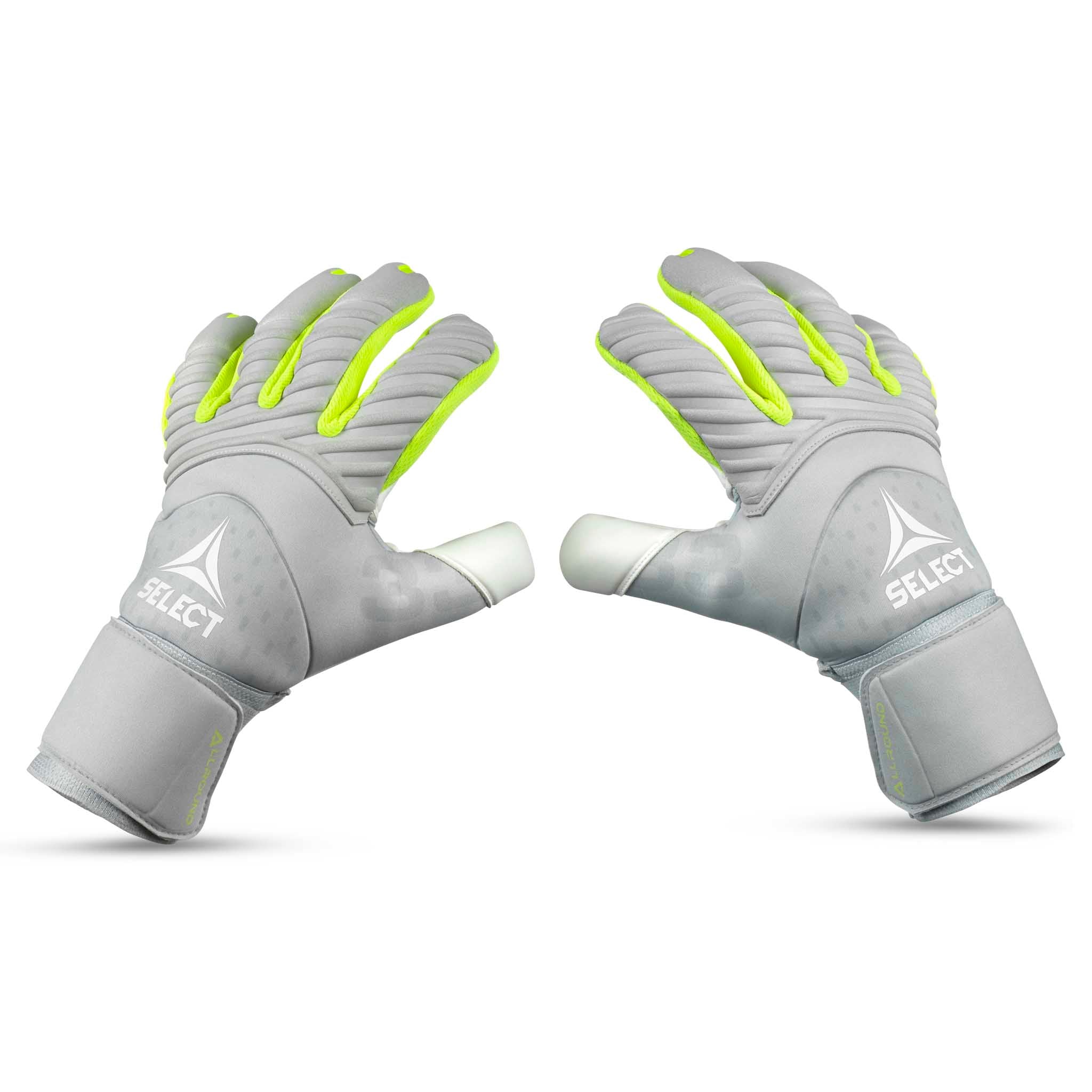 Adult goalkeeper glove with a grey backhand and white palm. Select logo on backhand. #color_grey