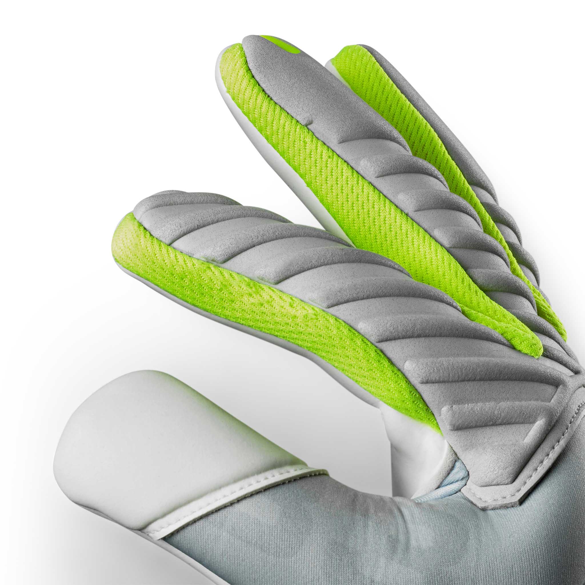 Adult goalkeeper glove with a grey backhand and white palm. Select logo on backhand. #color_grey