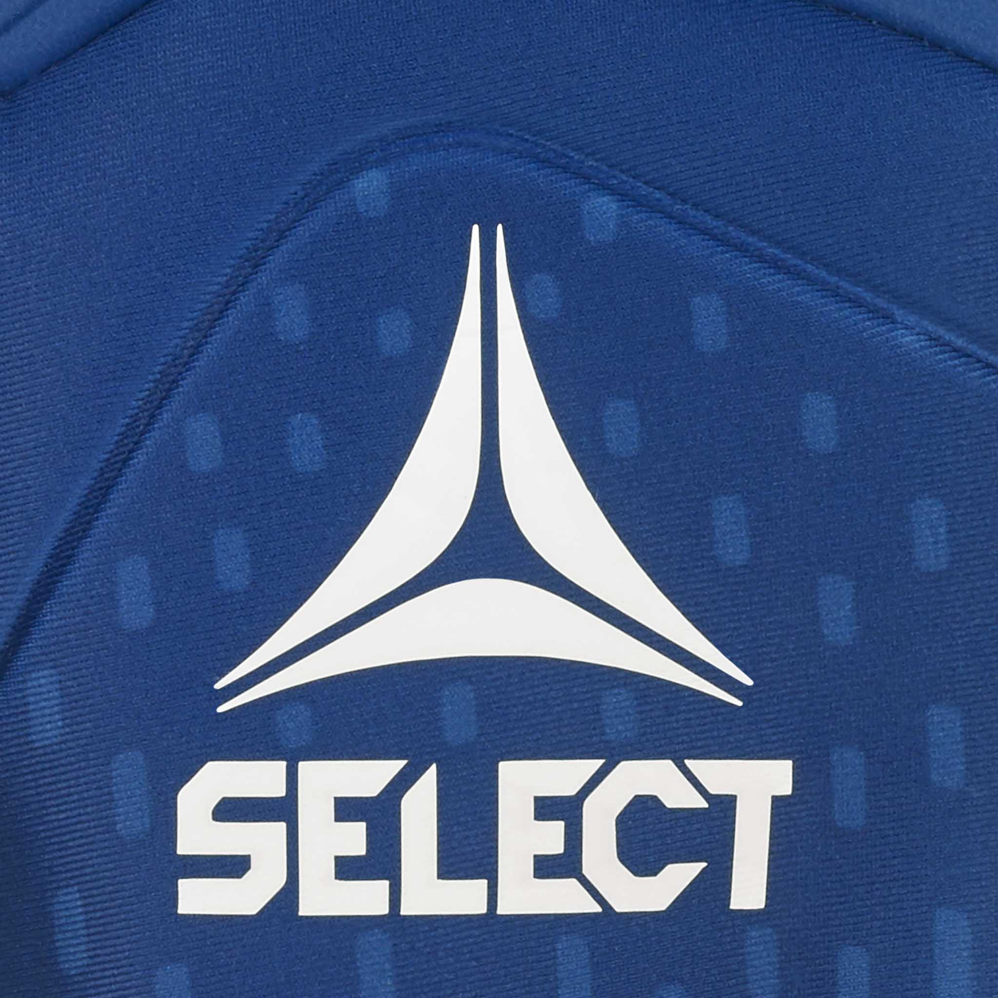 Adult goalkeeper glove with a blue backhand and white palm. Select logo on backhand #color_blue