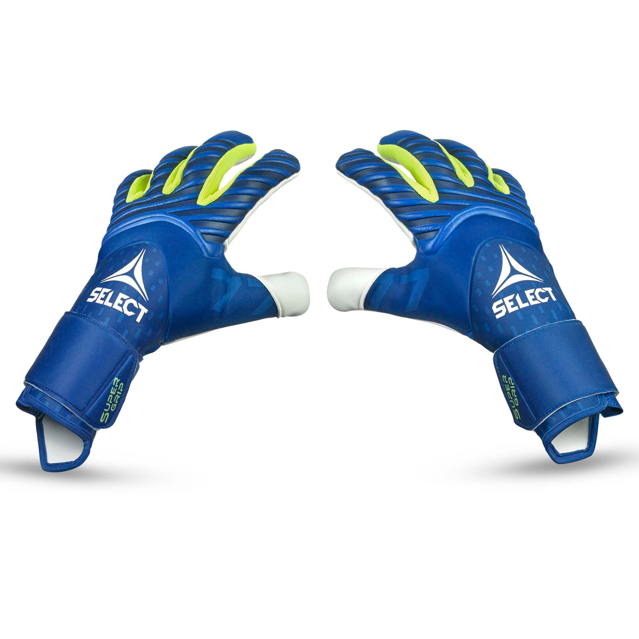 Adult goalkeeper glove with a blue backhand and white palm. Select logo on backhand #color_blue