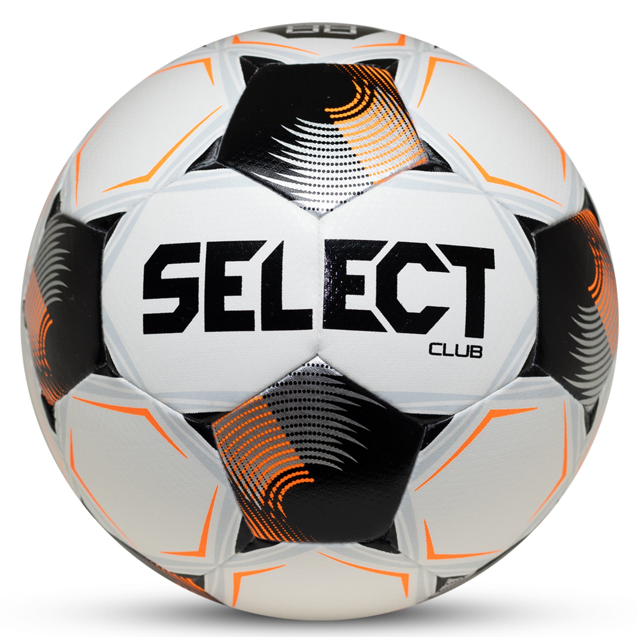 Club v26 soccer ball, front page. White ball with black and orange panels and Select branding.