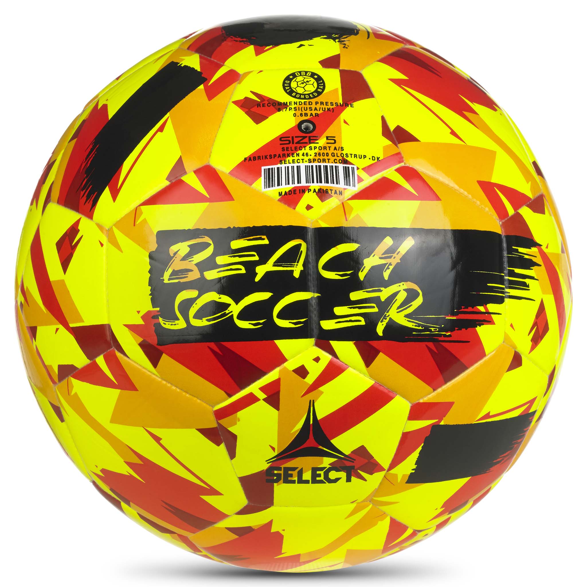 Yellow, red, orange soccer ball with text, beach soccer. #color_yellow/red