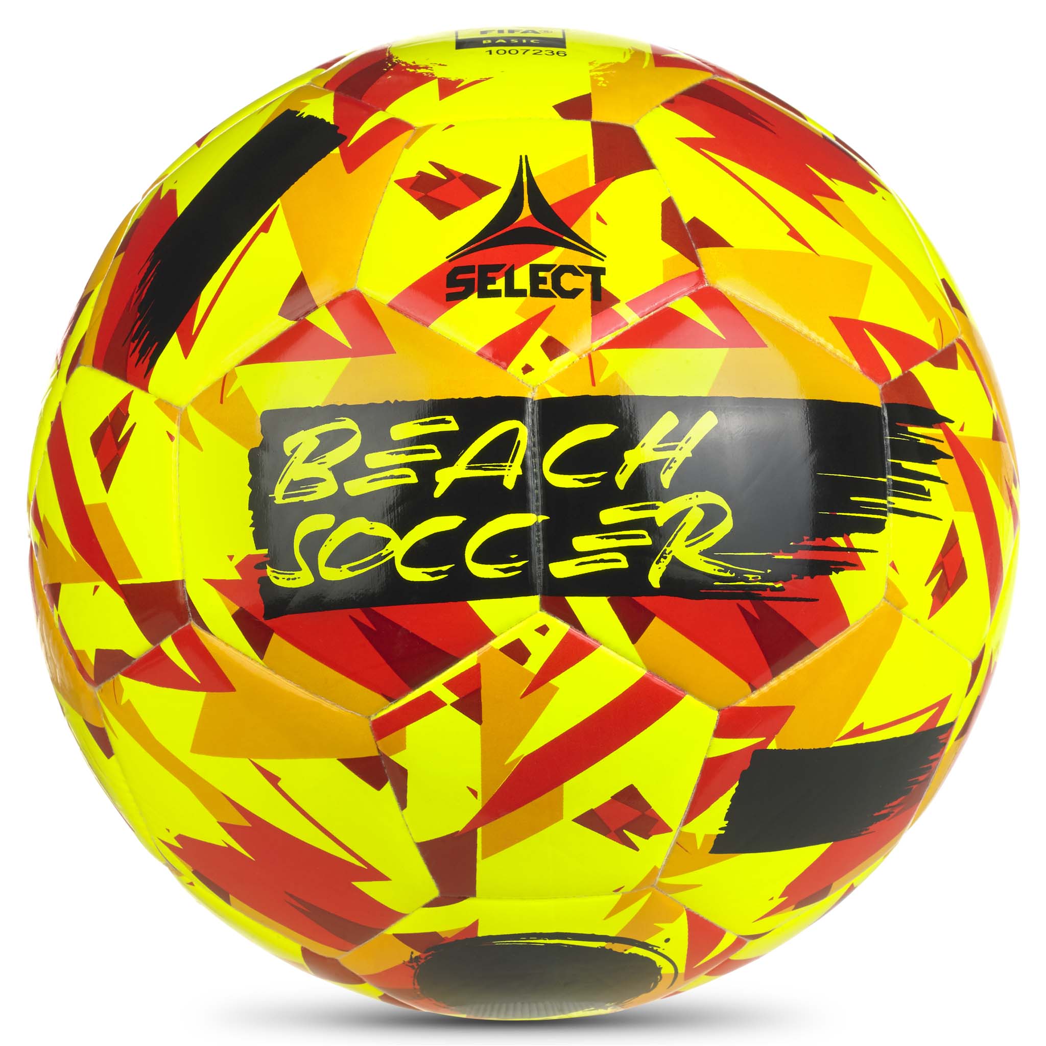 Yellow, red, orange soccer ball with text, beach soccer. #color_yellow/red
