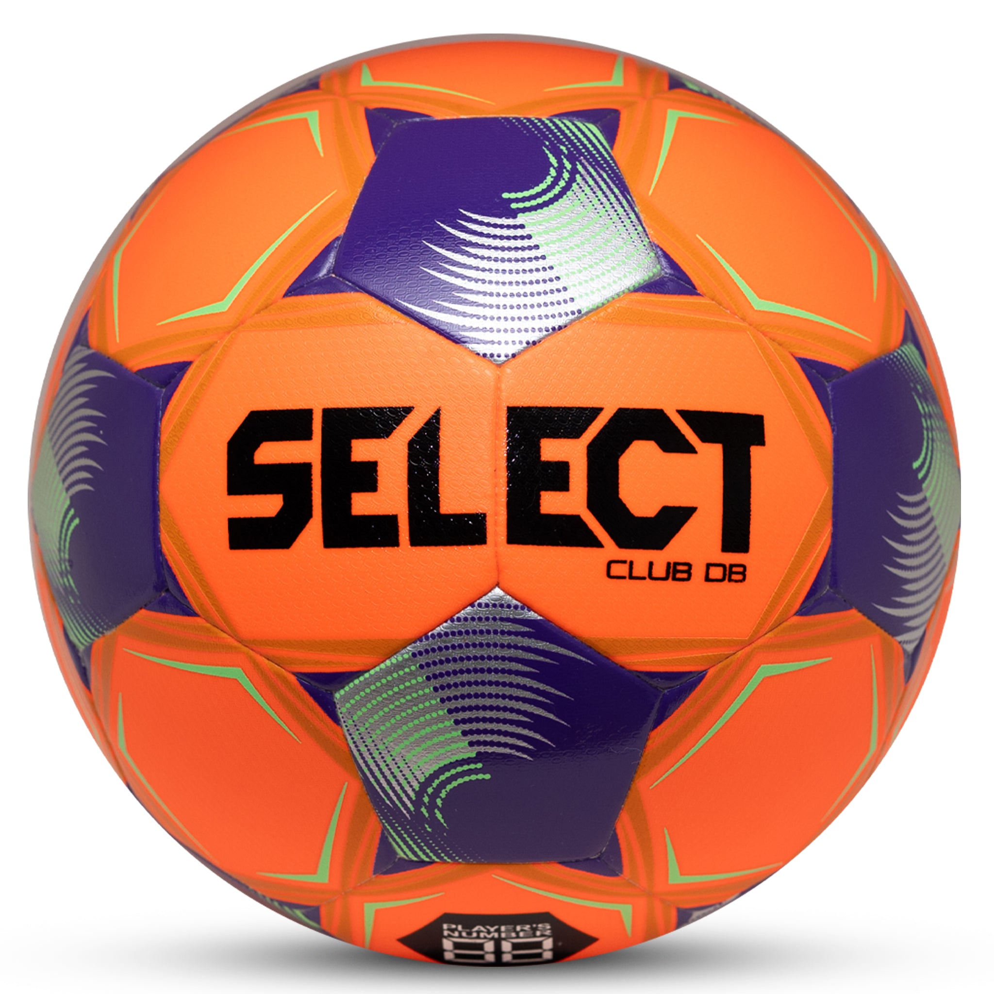 Orange soccer ball with purple and green pentagon panels and green accents and 'SELECT' branding on a white background #color_orange/purple