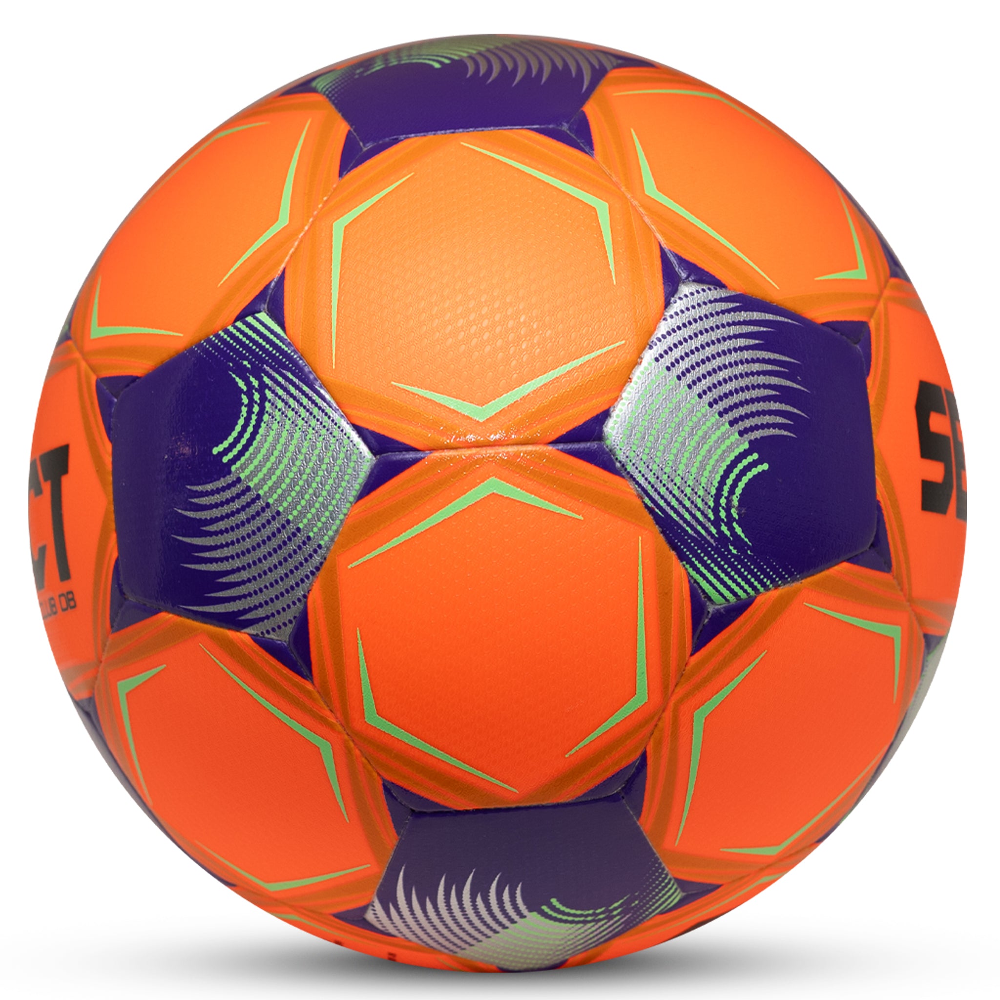 Club v26 soccer ball, right-side view. Orange ball with purple and green panel accents.