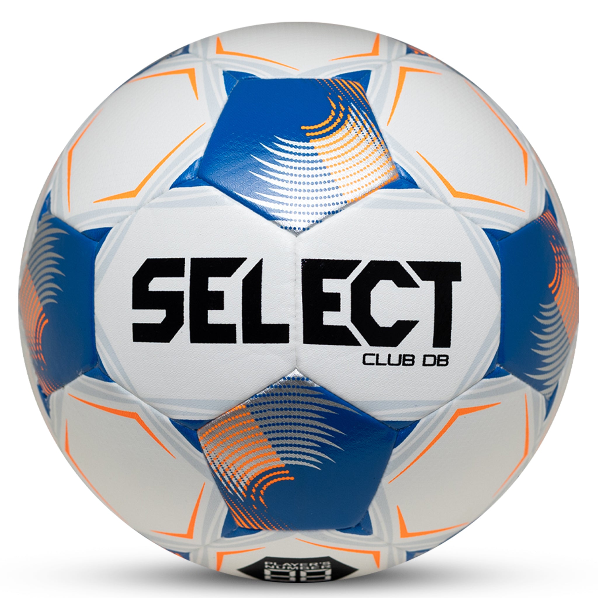 Front page of Club v26 soccer ball in white, blue and orange with Select branding