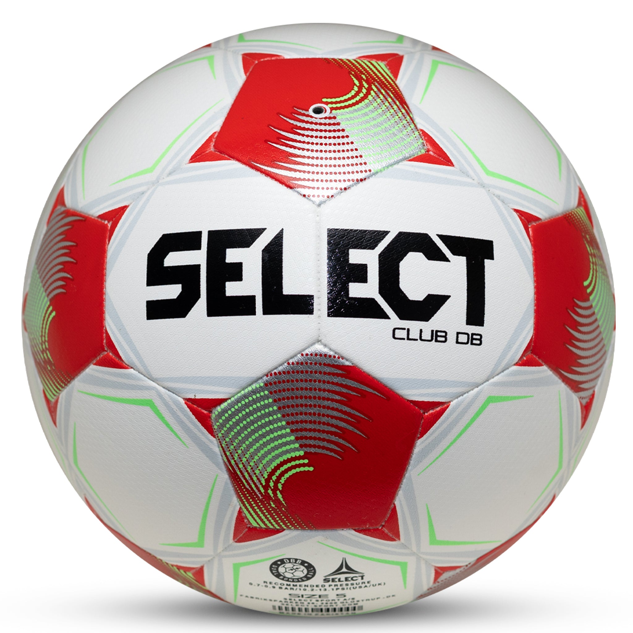White soccer ball with red and green pentagon panels and orange accents and 'SELECT' branding on a white background #color_white/red