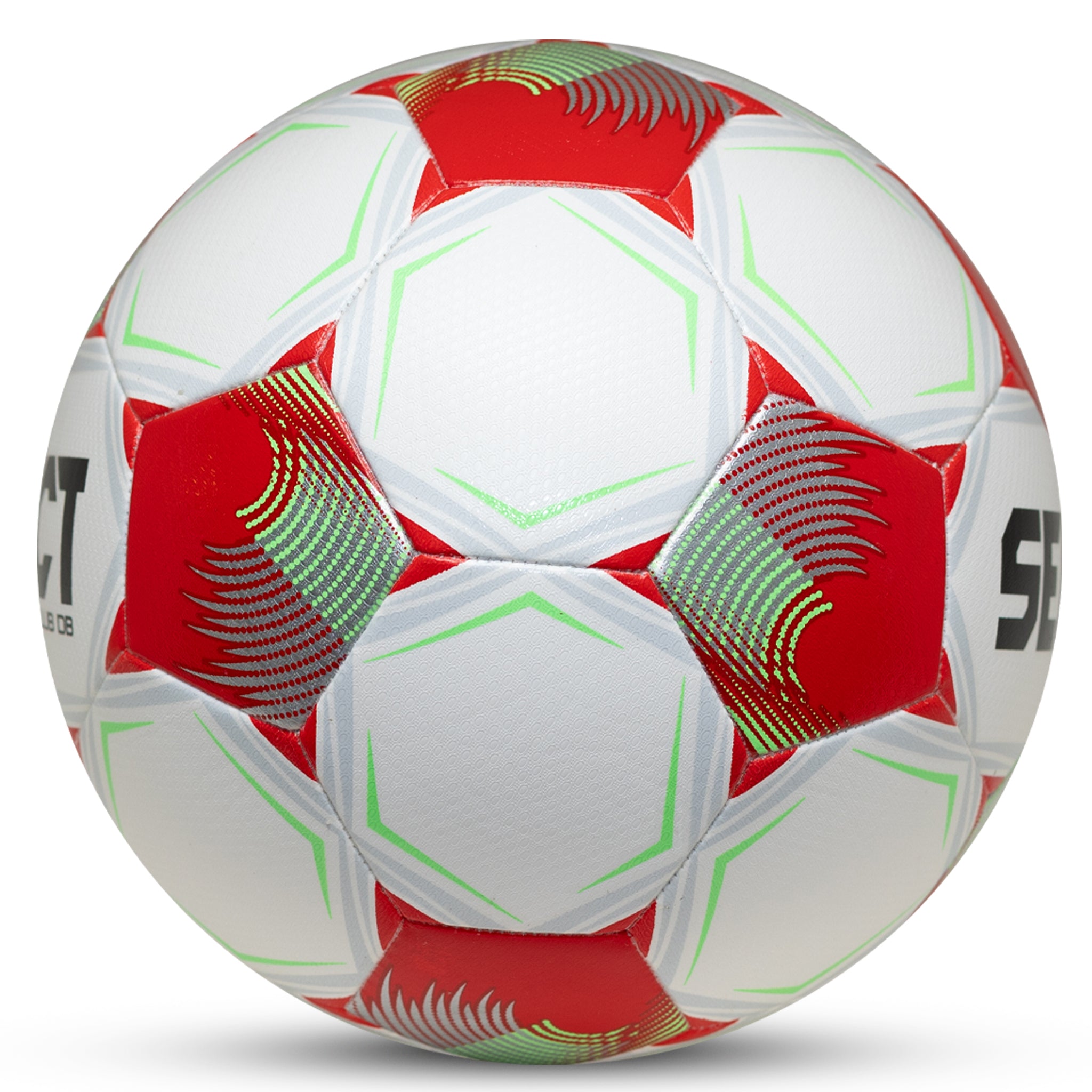 White and red Club v26 soccer ball with green accents, right-side view
