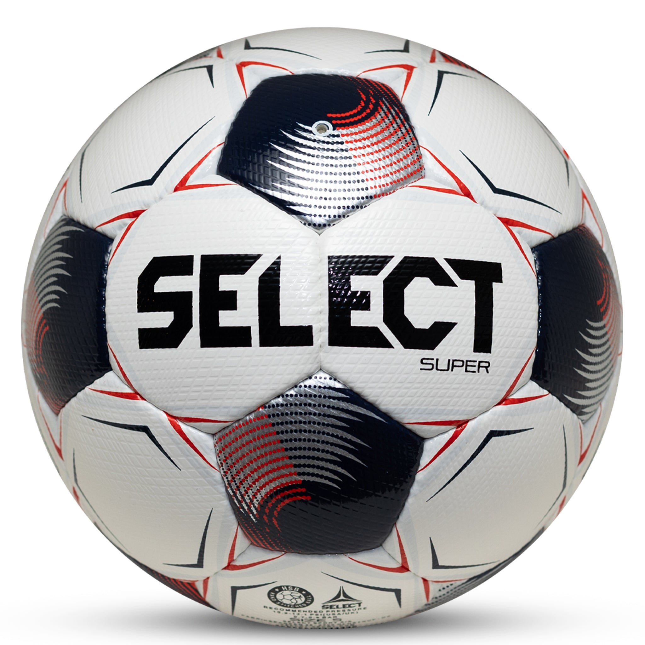 White soccer ball with navy pentagons, silver and red accents and 'Select' branding on a white background. Official ball of the WPSL #color_white/blue