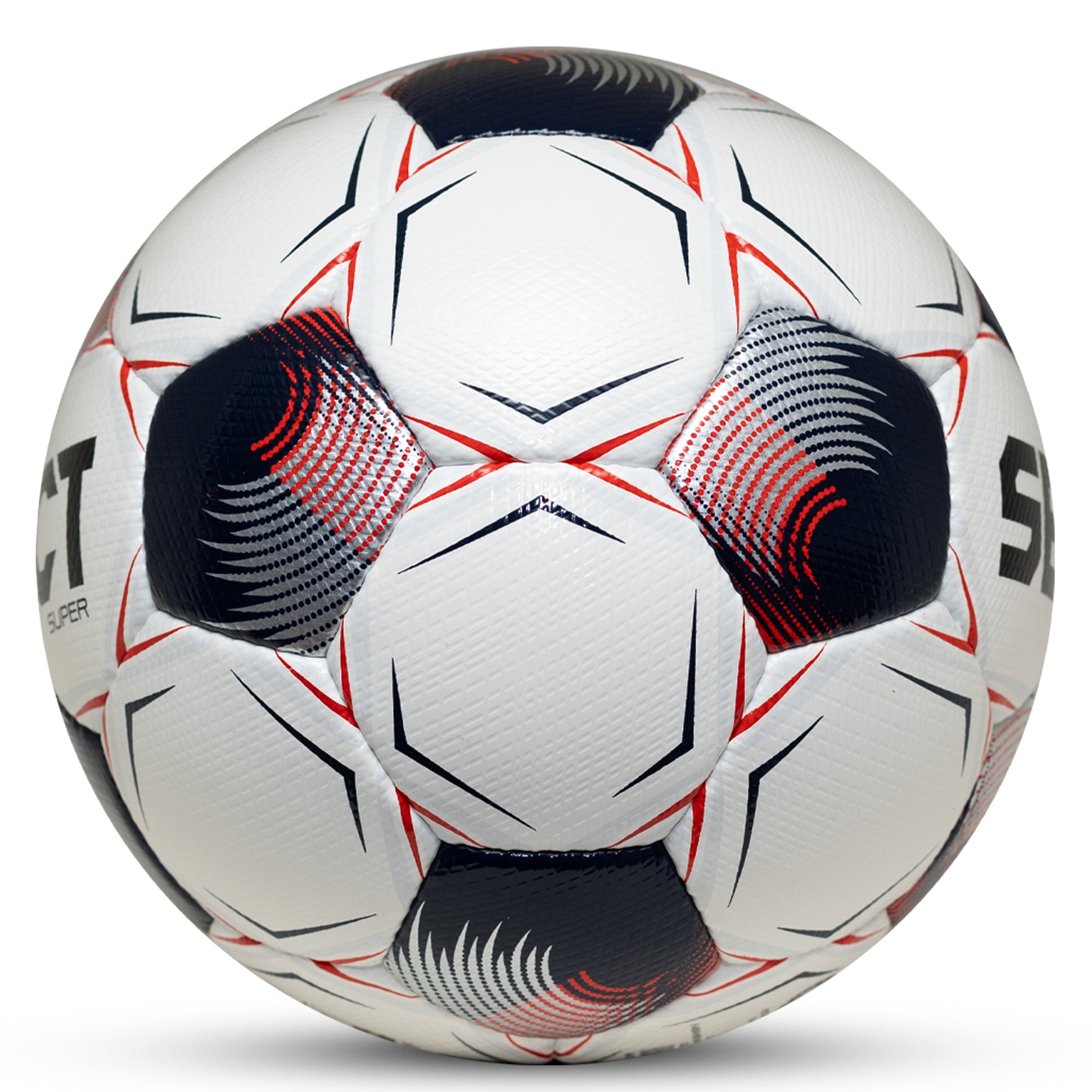 White soccer ball with navy pentagons, silver and red accents and 'Select' branding on a white background. Official ball of the NPSL #color_white/blue